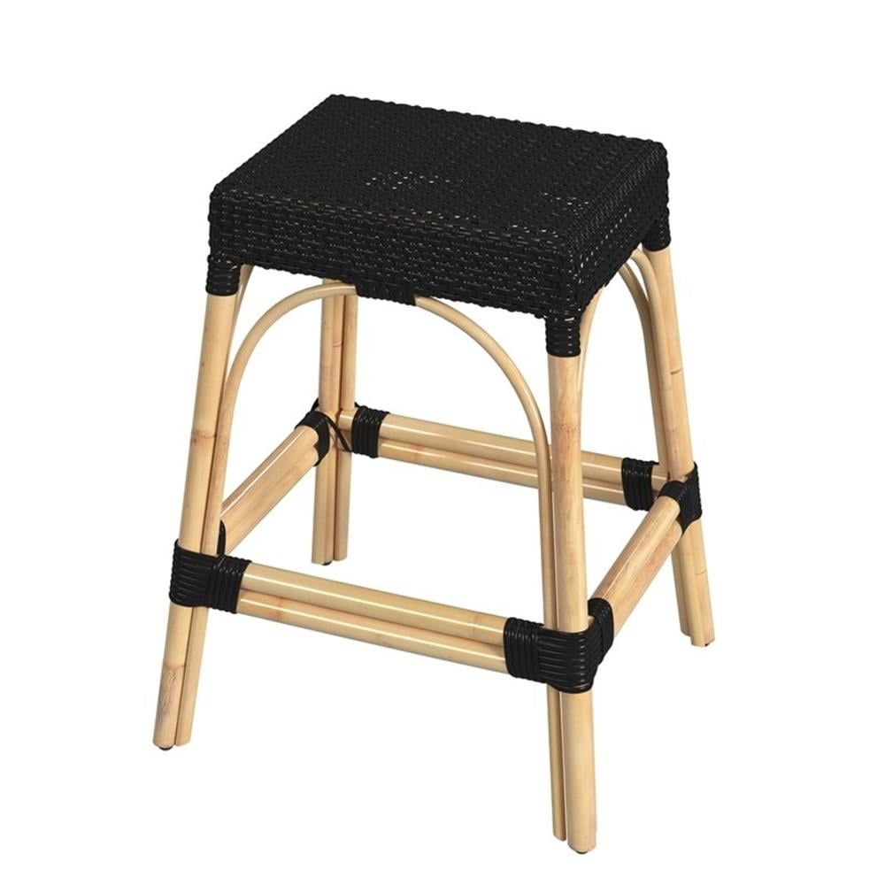 Black and Natural Rattan Backless Counter Stool with Wooden Footrest