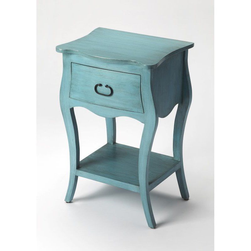 Distressed Blue Mango Wood 1-Drawer Nightstand with Shelf