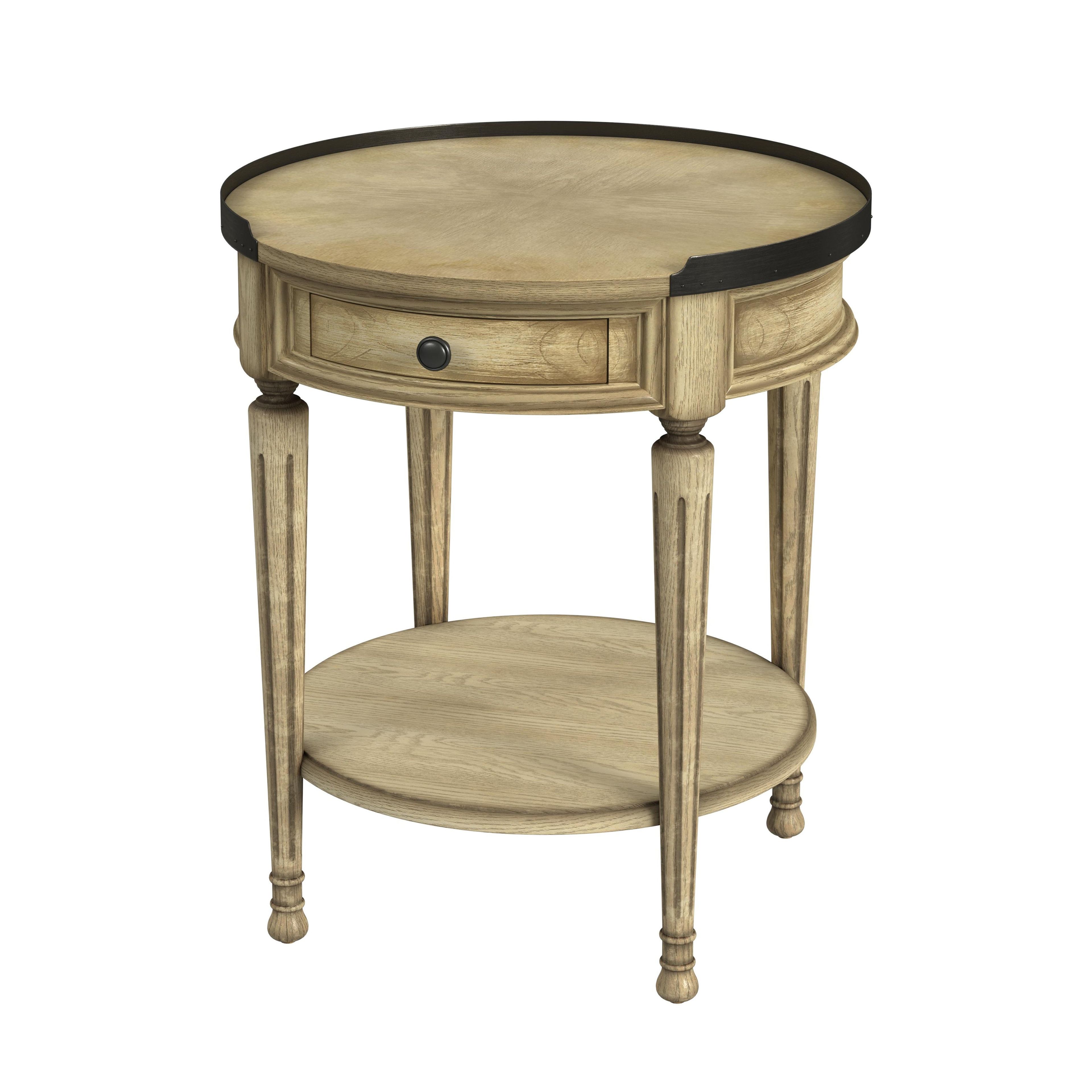 Antique Beige Round Wood and Metal Side Table with Storage