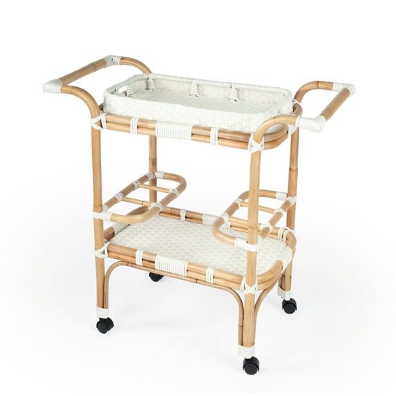 Selena White PU Rattan Weave Serving Cart with Removable Tray