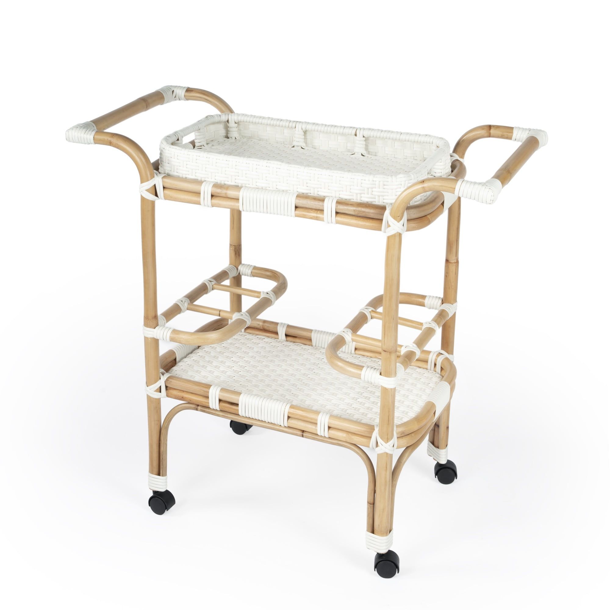Selena White PU Rattan Weave Serving Cart with Removable Tray