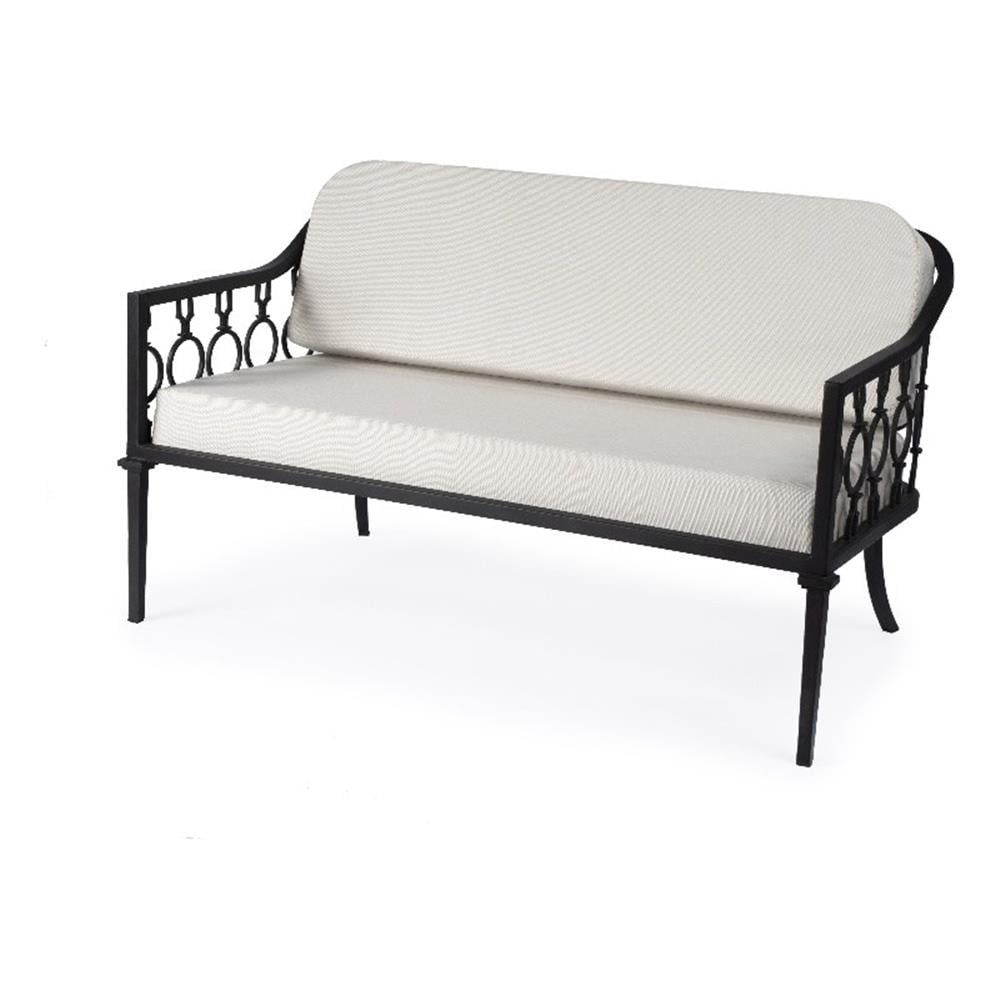 Southport White and Black Iron Upholstered Outdoor Loveseat