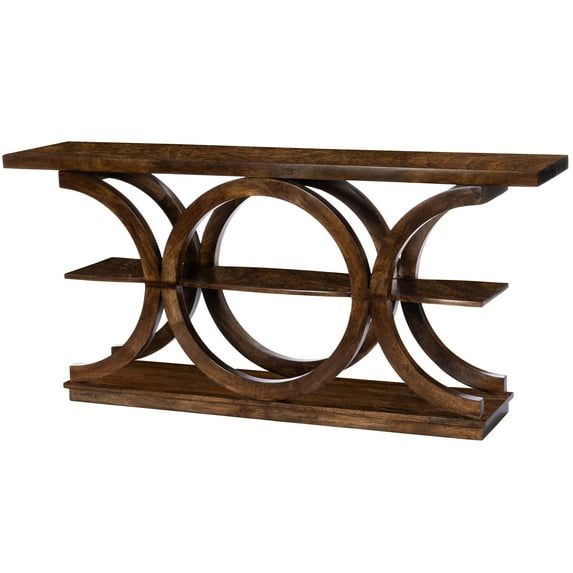 Stowe Solid Mango Wood and Glass 3-Tier Console Table in Dark Brown