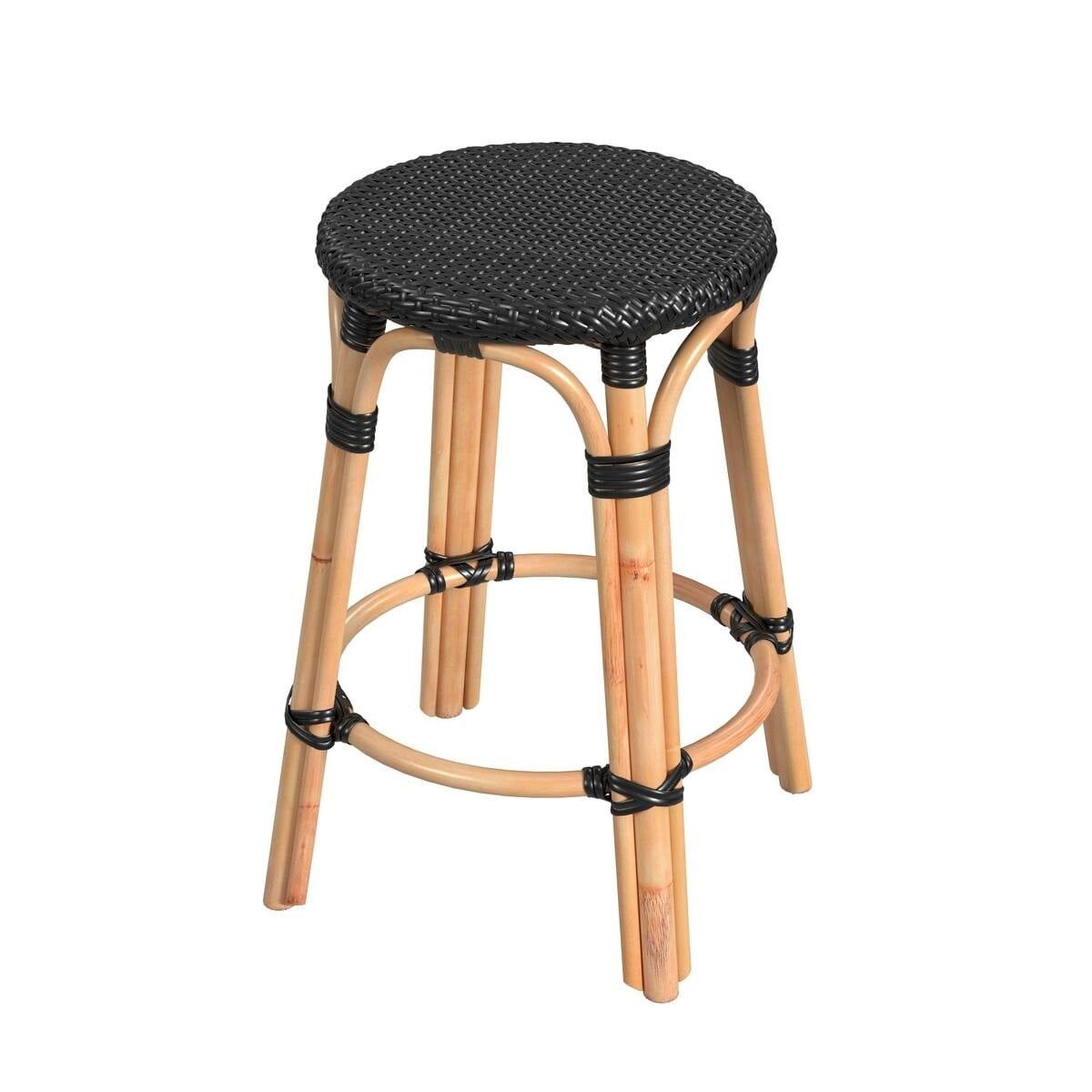 24" Black and Natural Rattan Backless Counter Stool