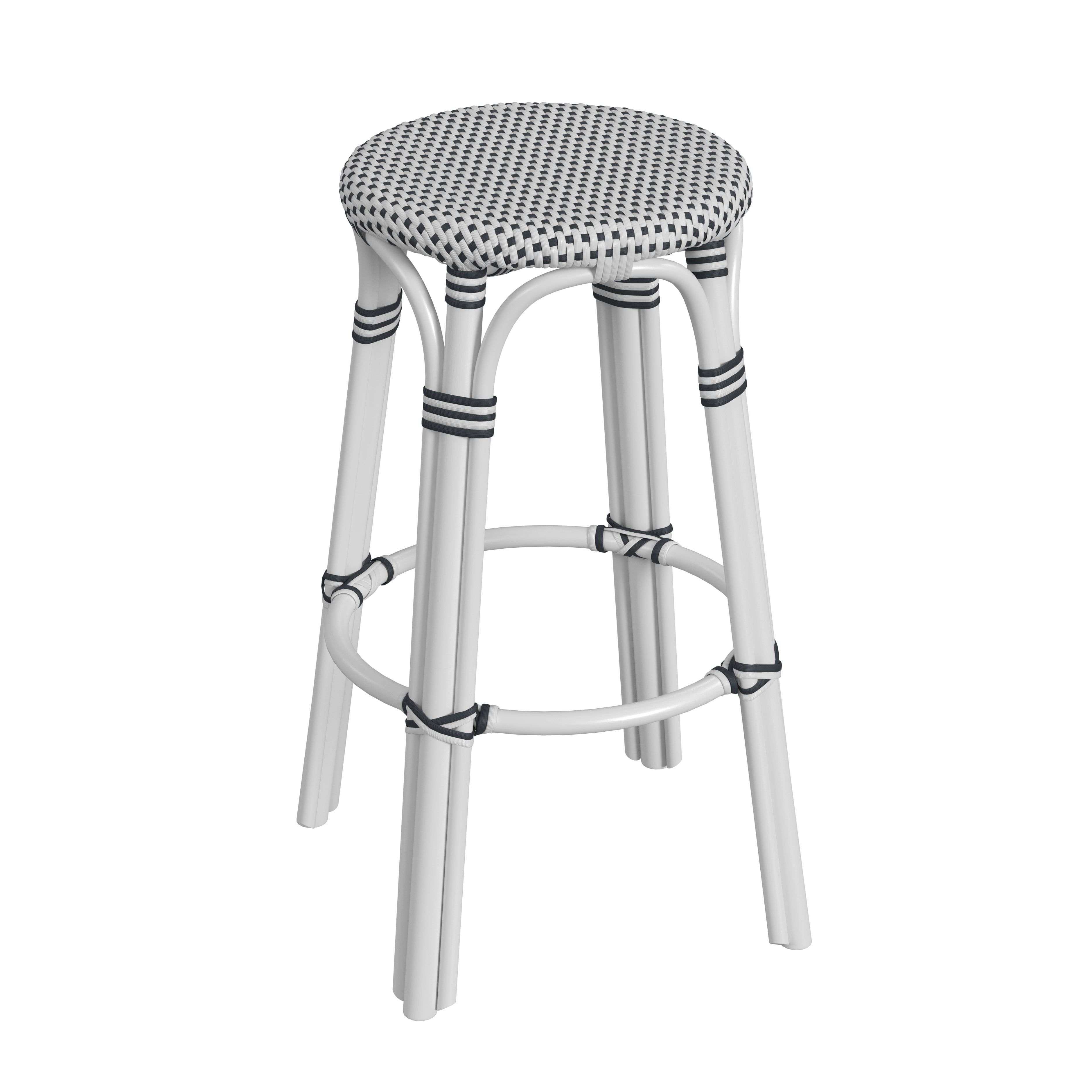 Coastal Charm 30" White and Black Dot Rattan Bar Stool