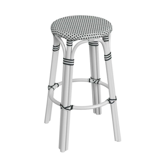 Coastal Charm 30" White and Black Dot Rattan Bar Stool