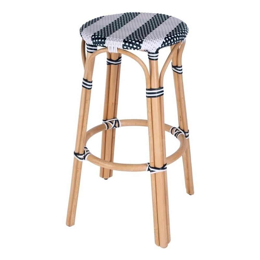 Blue and White Rattan Backless 30" Bar Stool