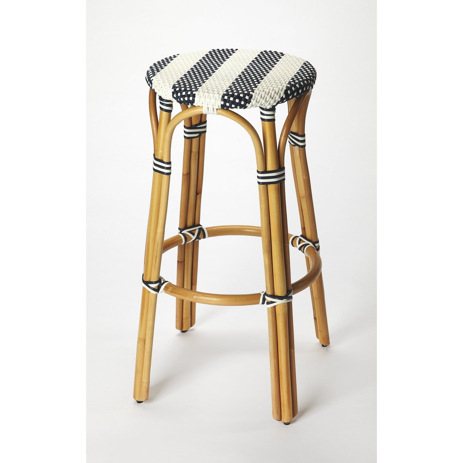 Blue and White Rattan Backless 30" Bar Stool