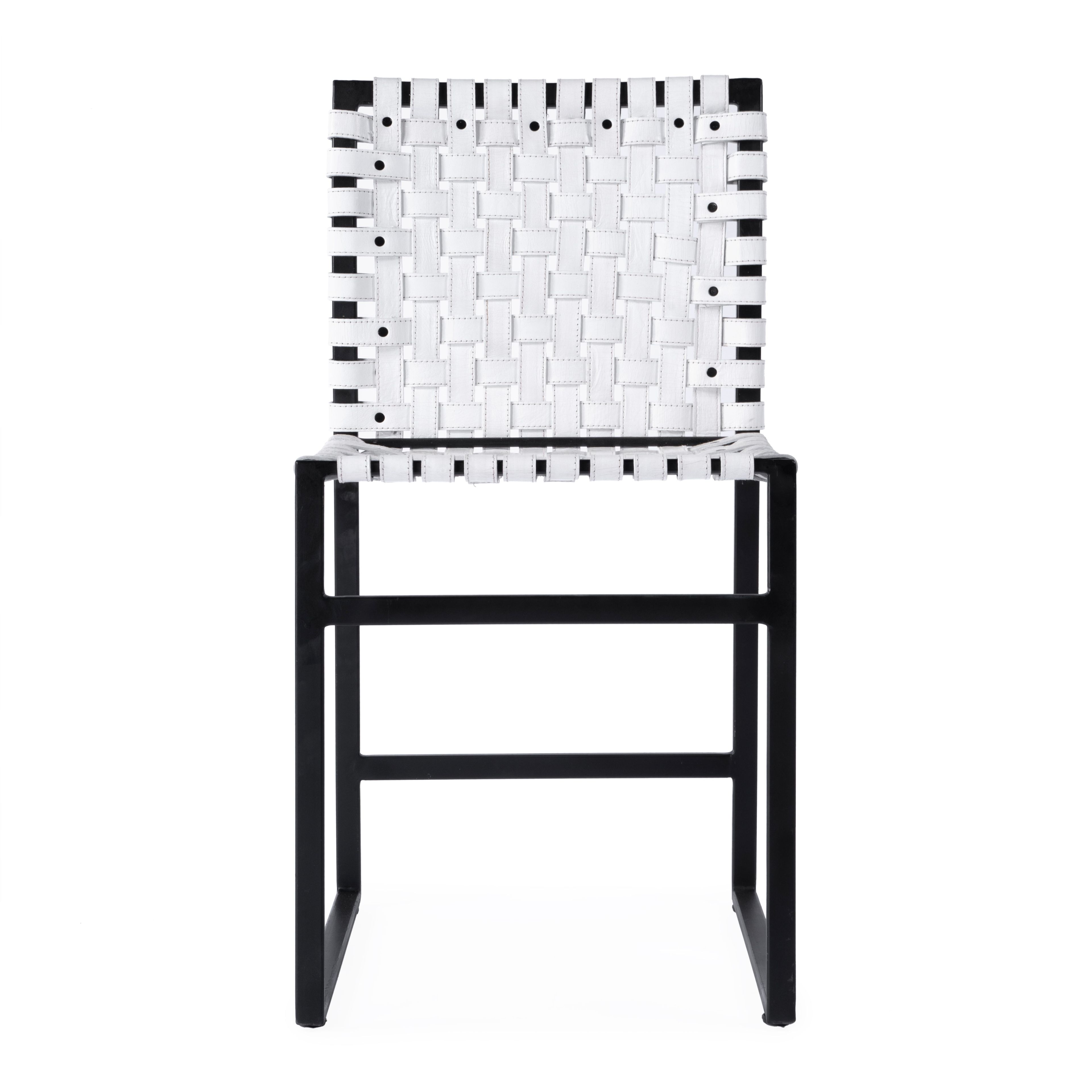 White Woven Leather and Metal Industrial Side Chair