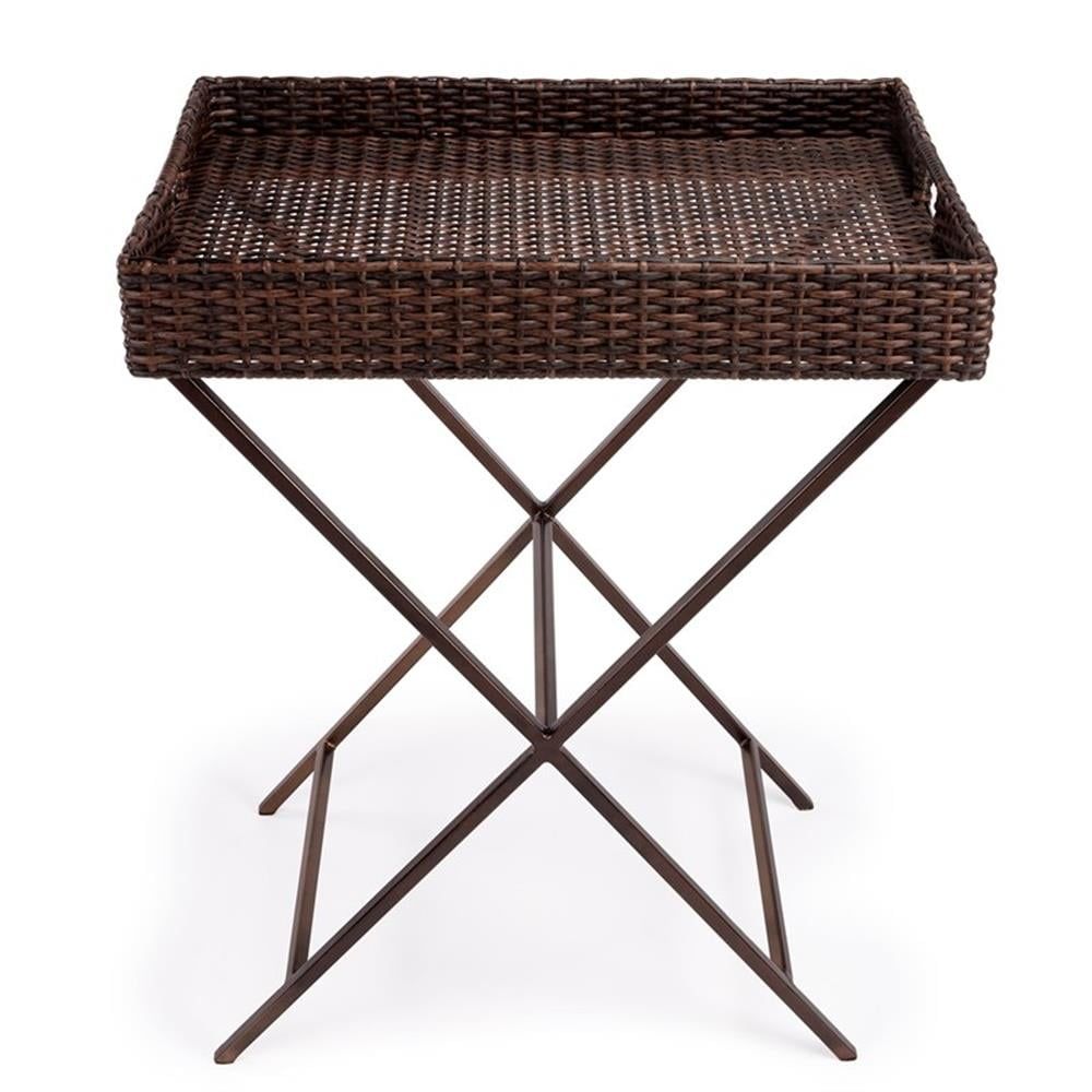 Dark Brown Rattan and Metal Tray Table with Storage