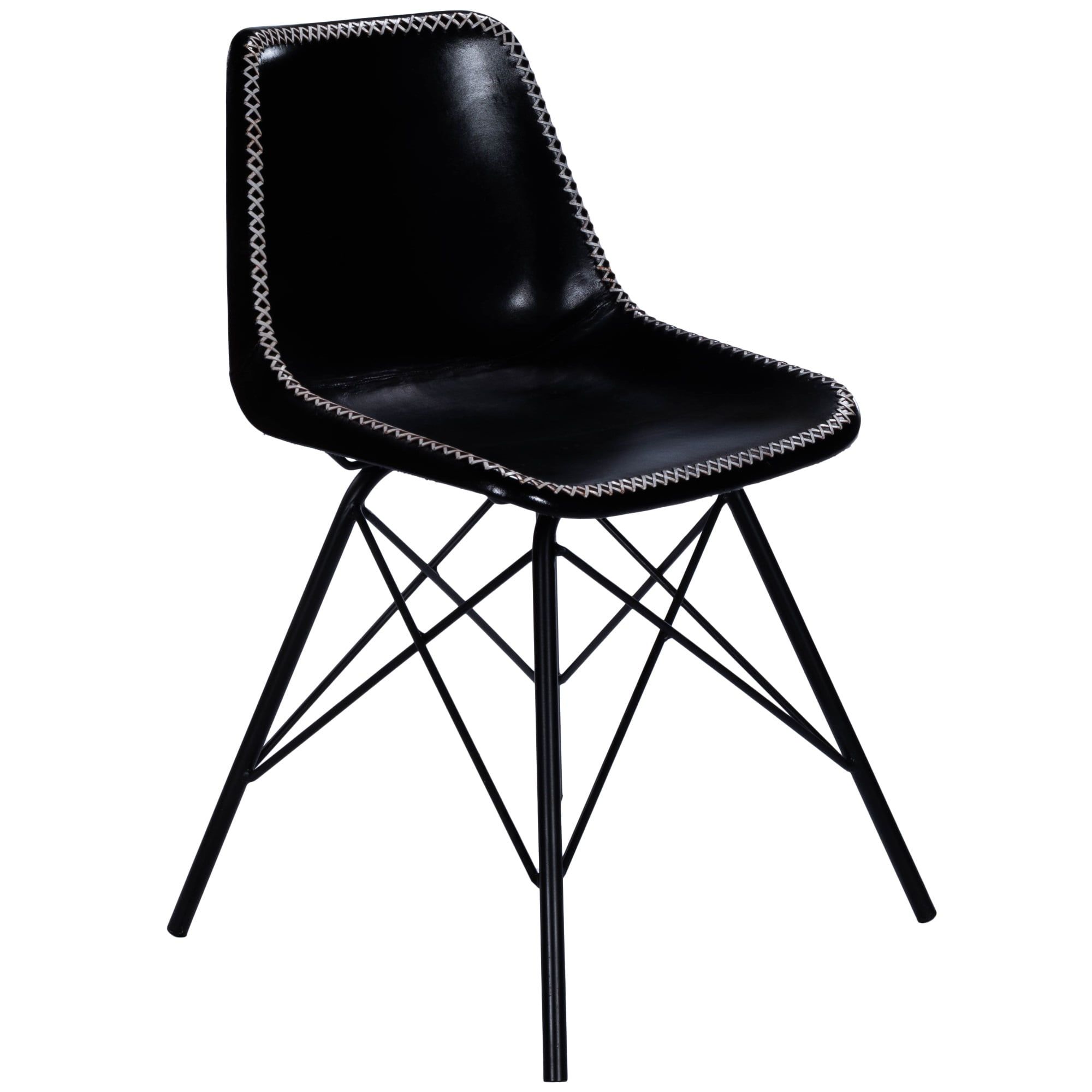 Mid-Century Modern Black Leather and Iron Side Chair