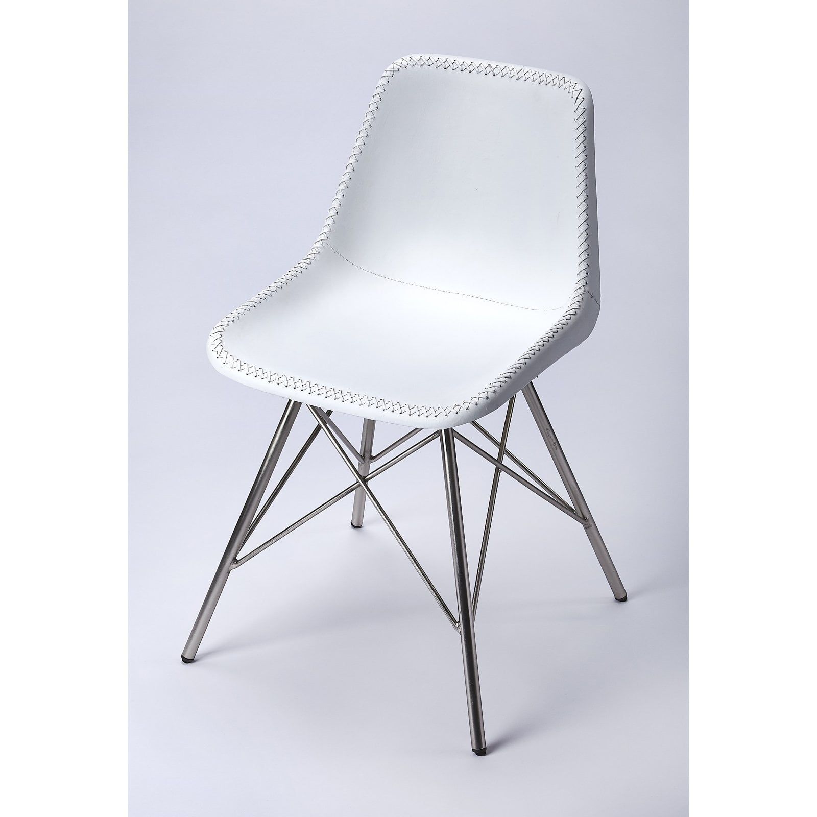 White Leather Mid-Century Modern Side Chair with Iron Legs