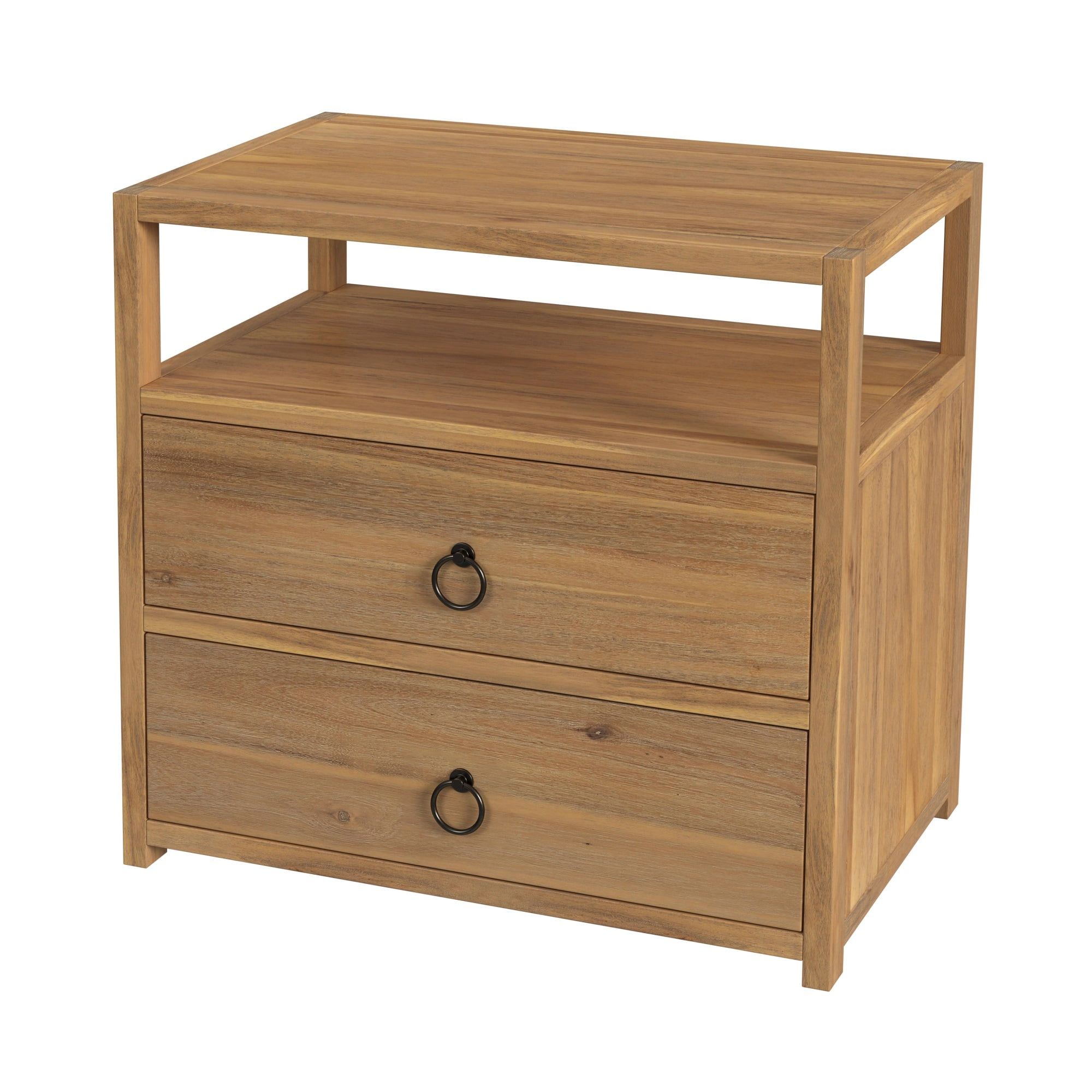 Natural Acacia 2-Drawer Nightstand with Open Shelf