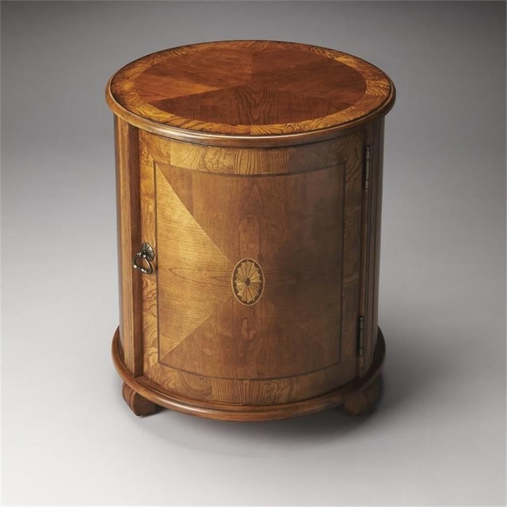 Olive Ash Burl Round Wood Drum Side Table with Storage