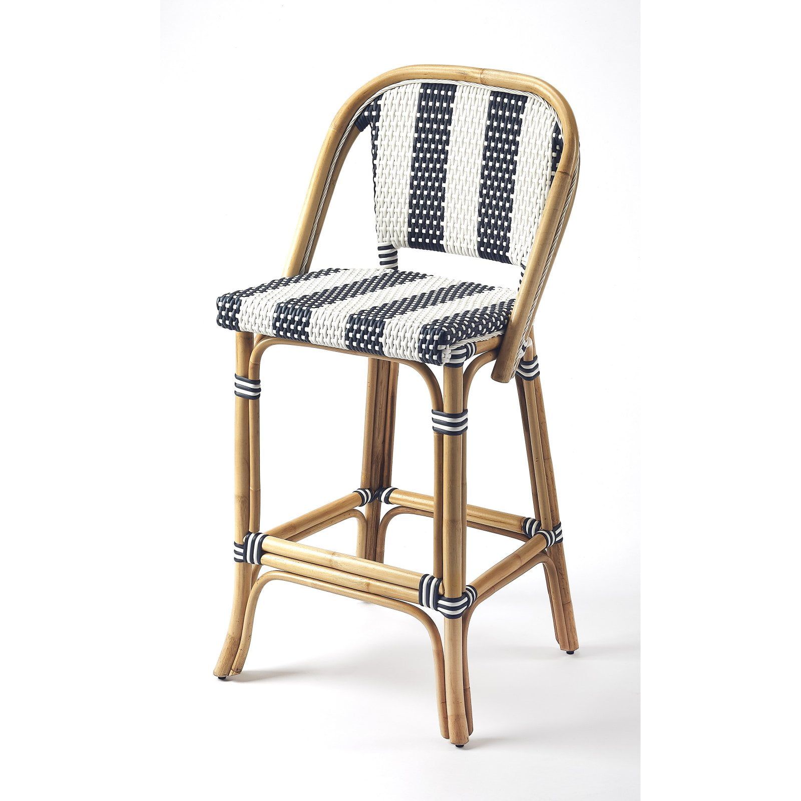 Coastal Charm Blue & White Stripe Rattan Bar Stool with Arms