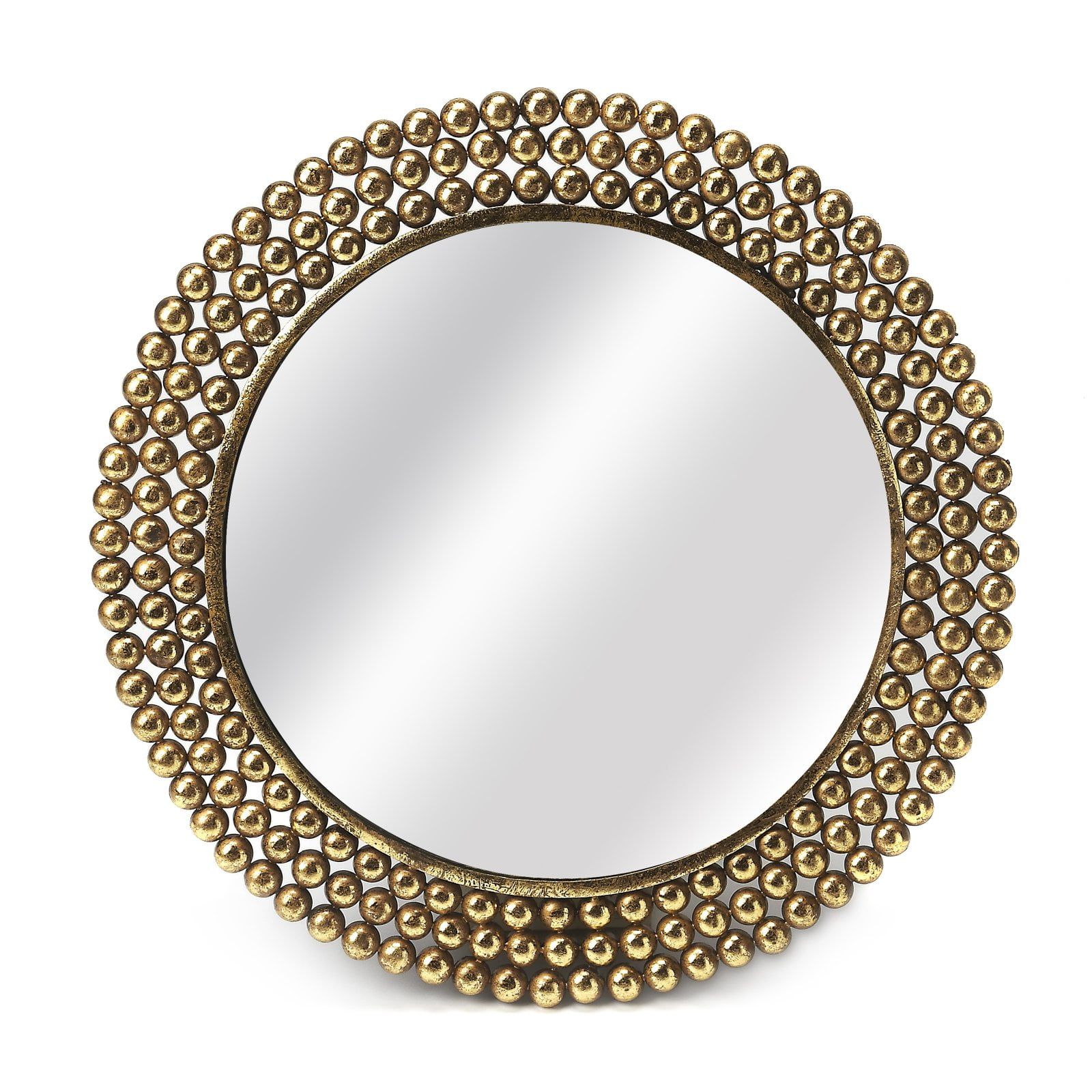 Antique Gold Beaded Round Wood Vanity Mirror