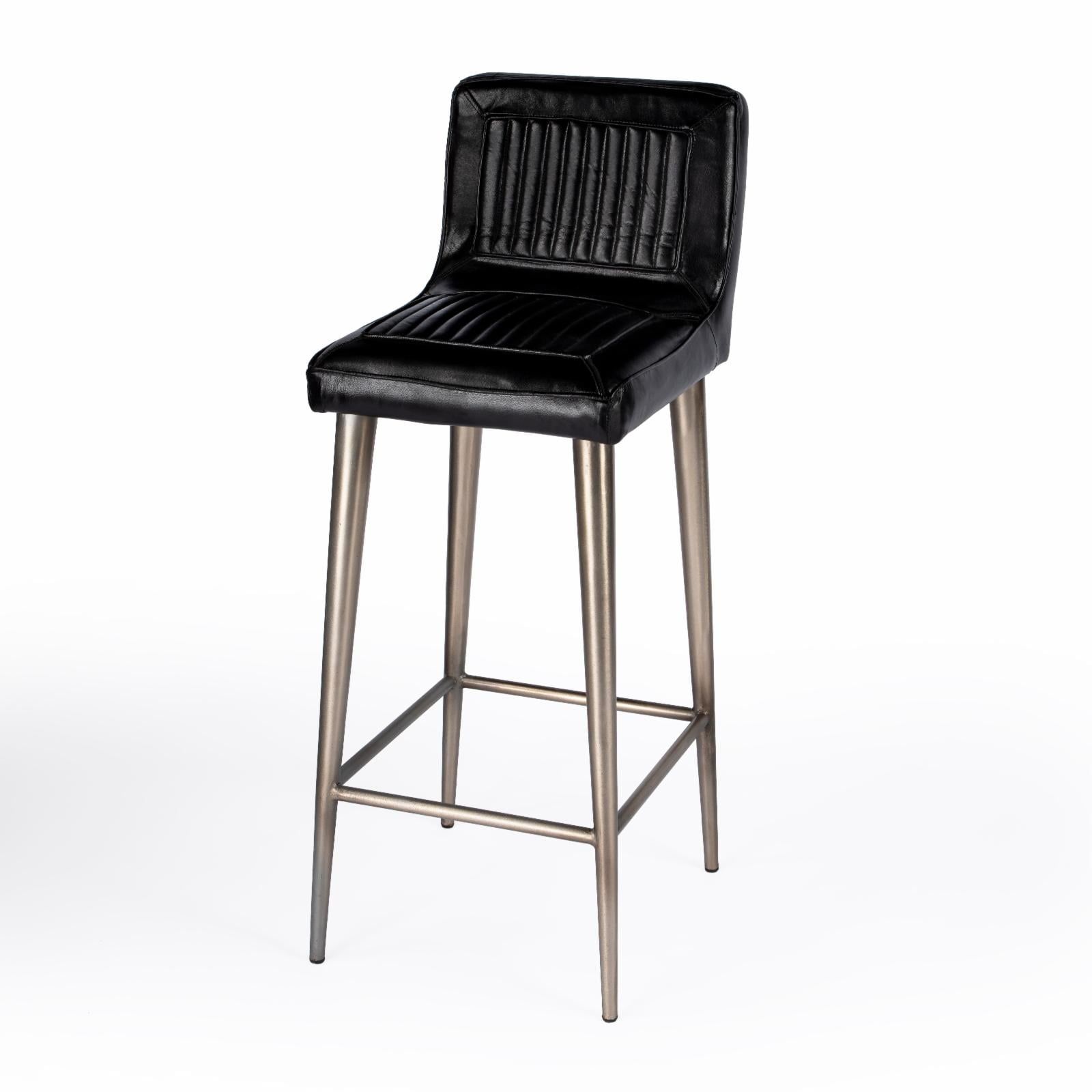 Vintage-Inspired Supple Black Leather Bar Stool with Iron Frame