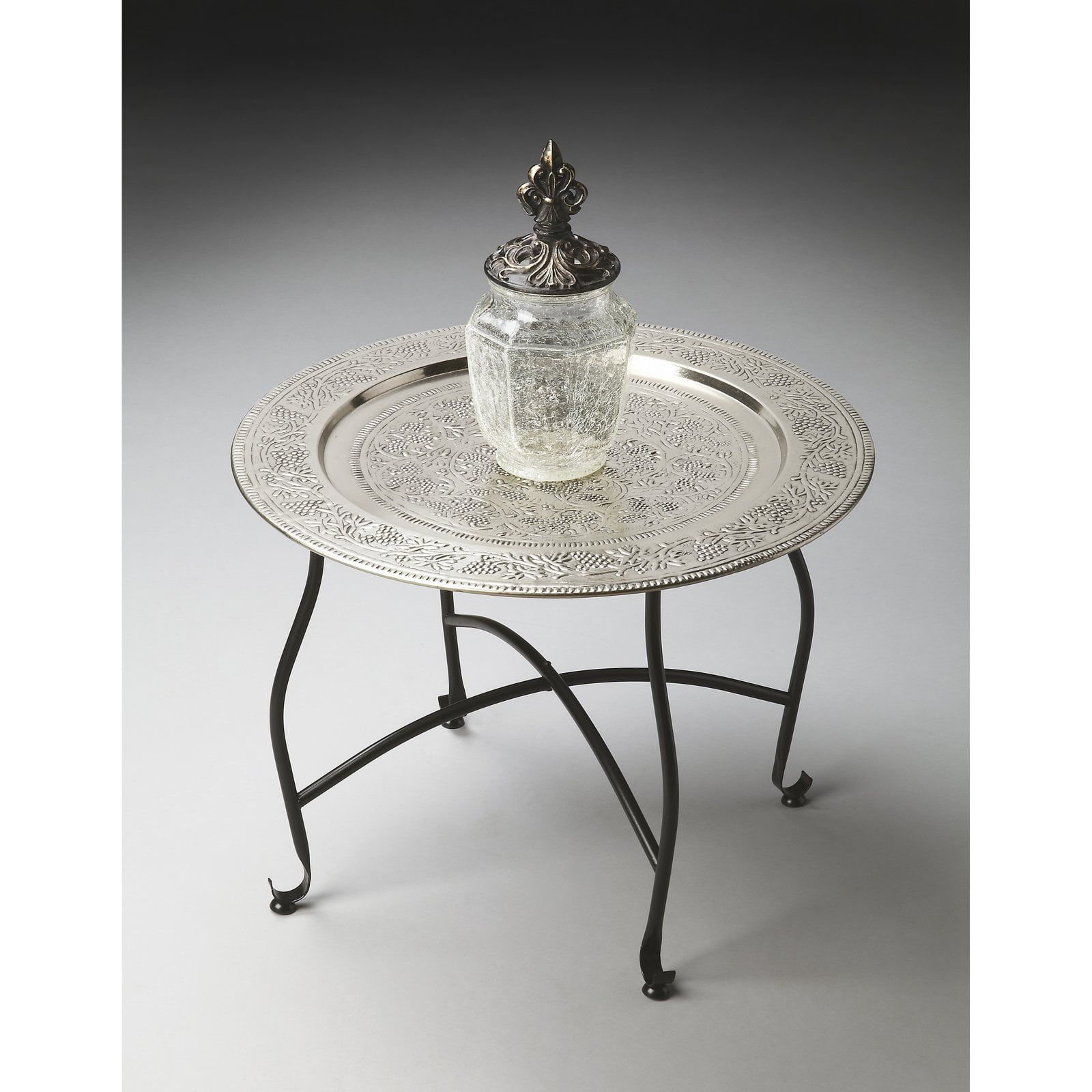 Moroccan Vineyard-Inspired Round Aluminum Tray Table in Silver and Black