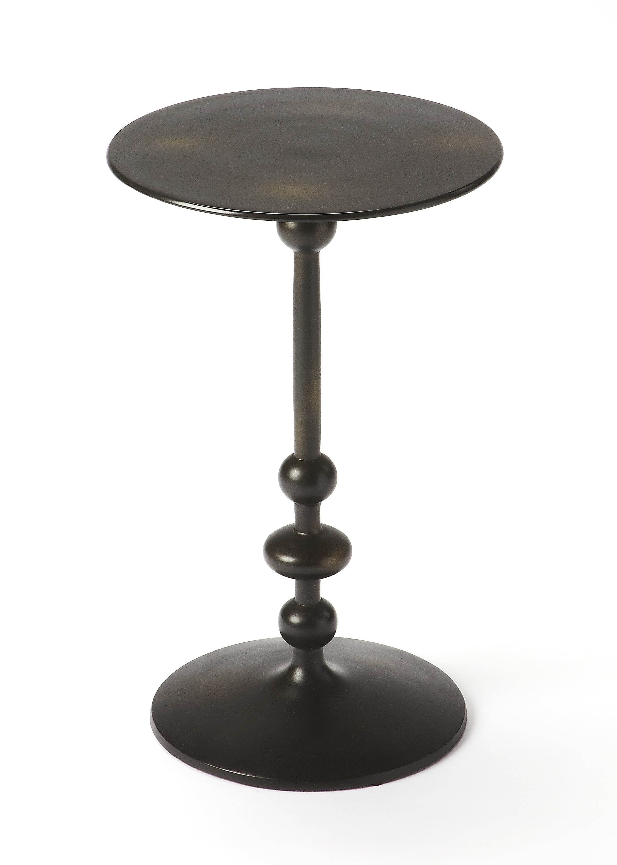 Elegant Round Black Iron and Wood Pedestal End Table