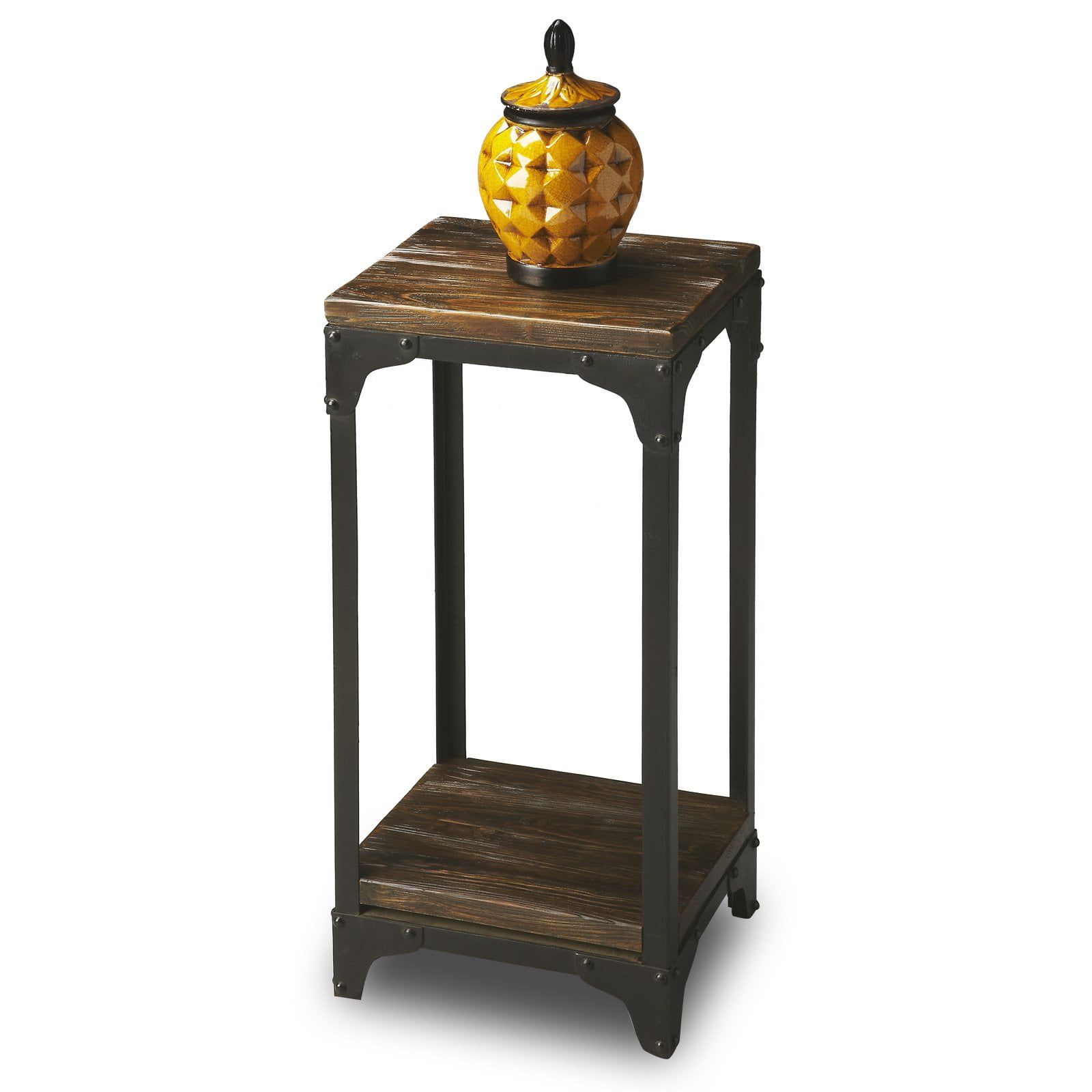 Rugged Acacia Wood & Black Iron Pedestal Stand, 29" Height