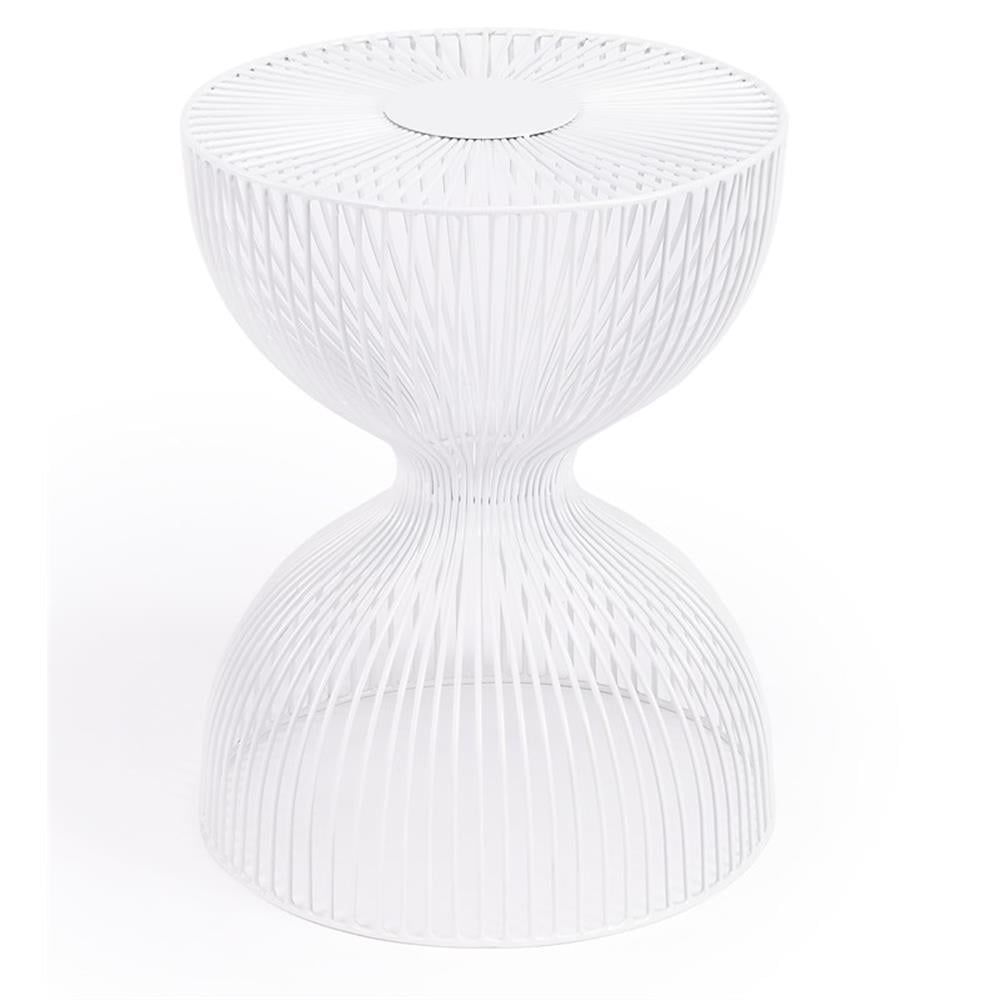 Nicholas Round White Metal and Glass Hourglass Side Table