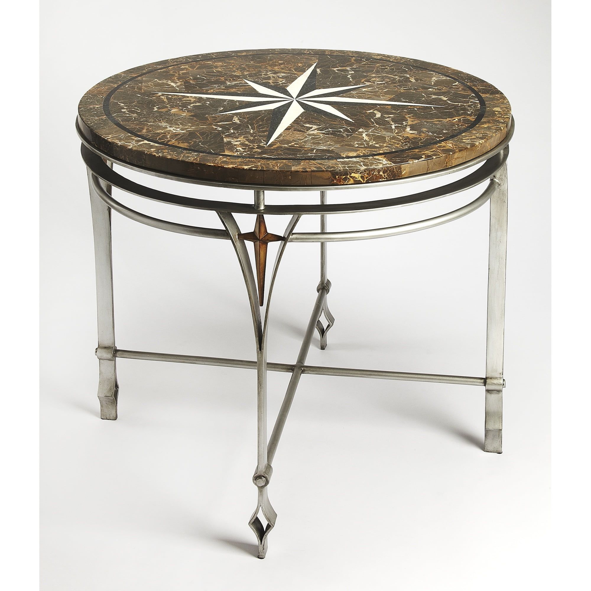 Elegant Round Fossil Stone & Wood 36" Foyer Table