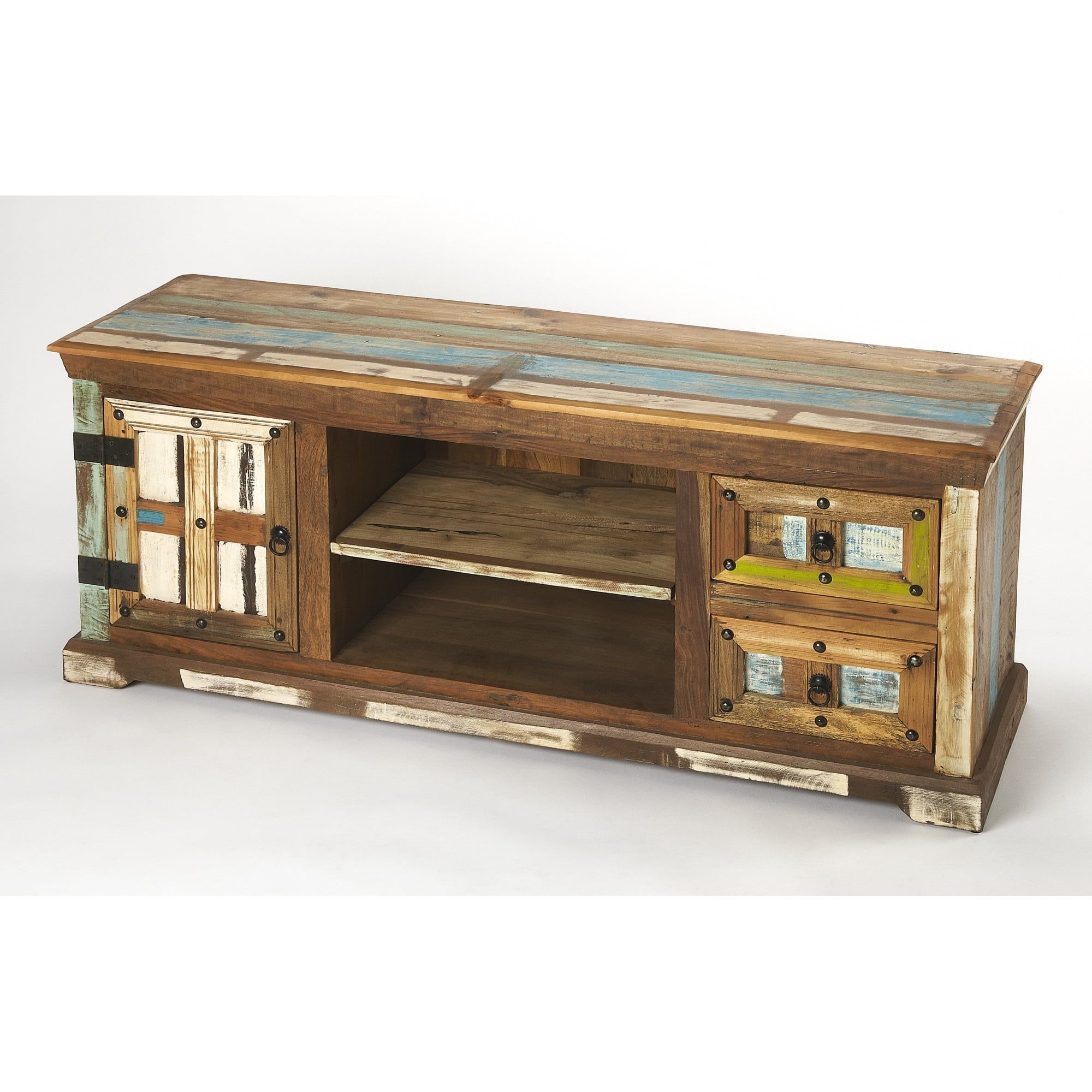 Rustic Multi-Color 58" Mango and Acacia Wood TV Console with Cabinet