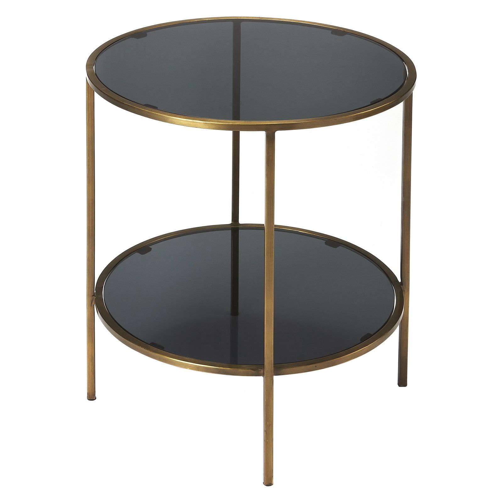 Roxanne 20" Round Antique Brass & Black Glass End Table