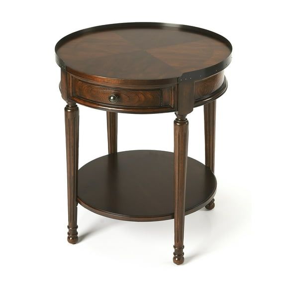 Elegant Round Cherry and Brass Accent Table with Storage
