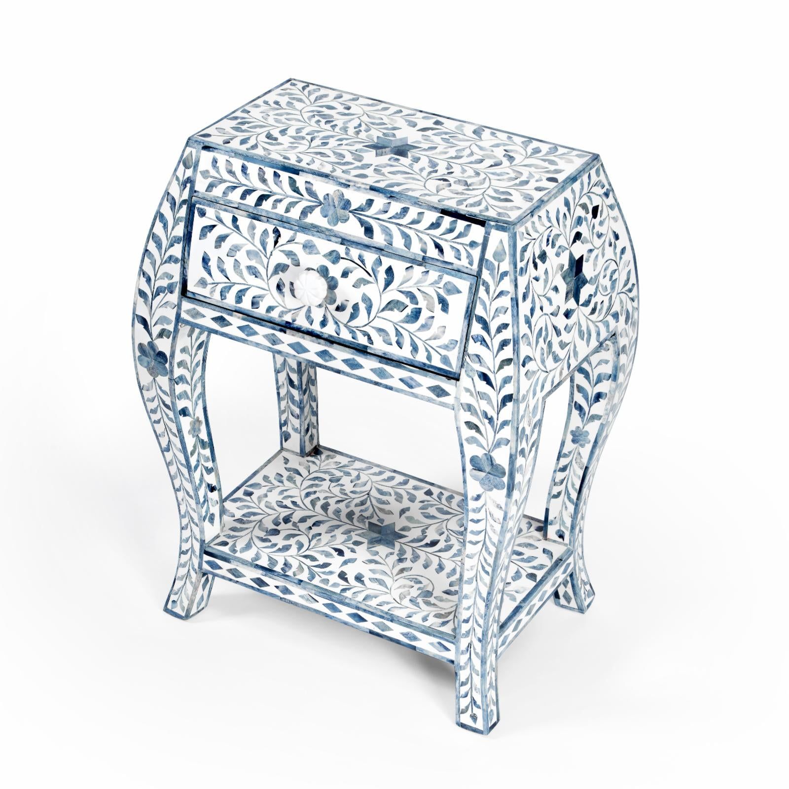 Blue and White Bone Inlay Mango Wood Side Table