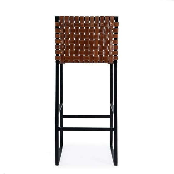 Urban Brown Woven Leather Bar Stool with Black Iron Base