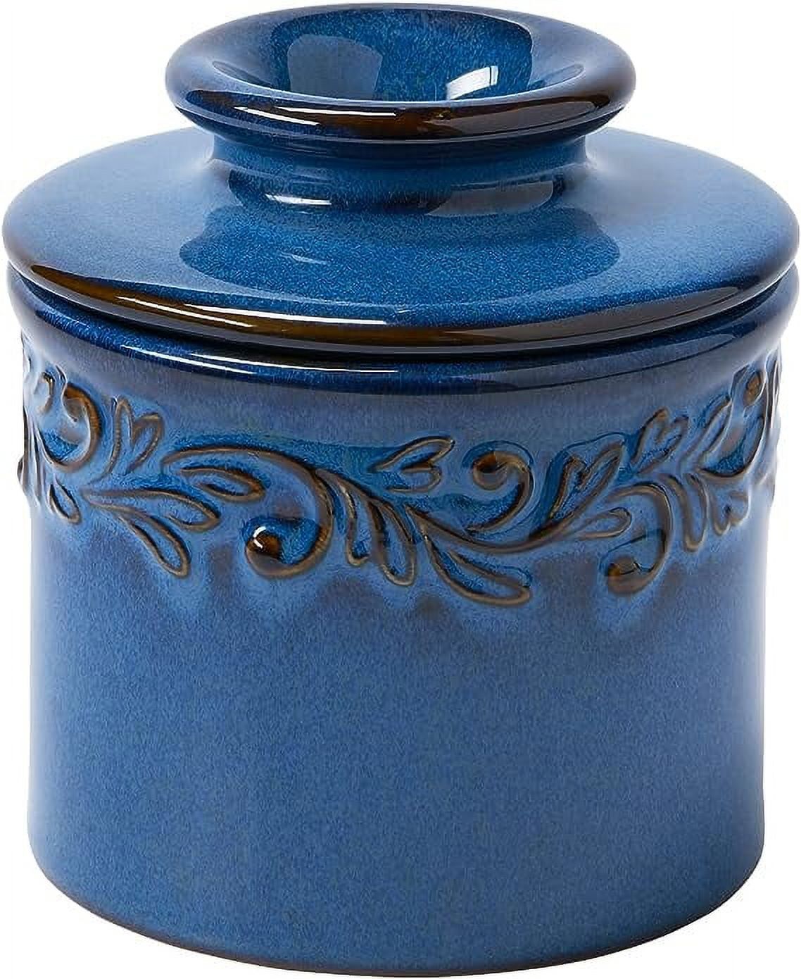 Antique Denim Blue Ceramic Butter Crock with Embossed Design