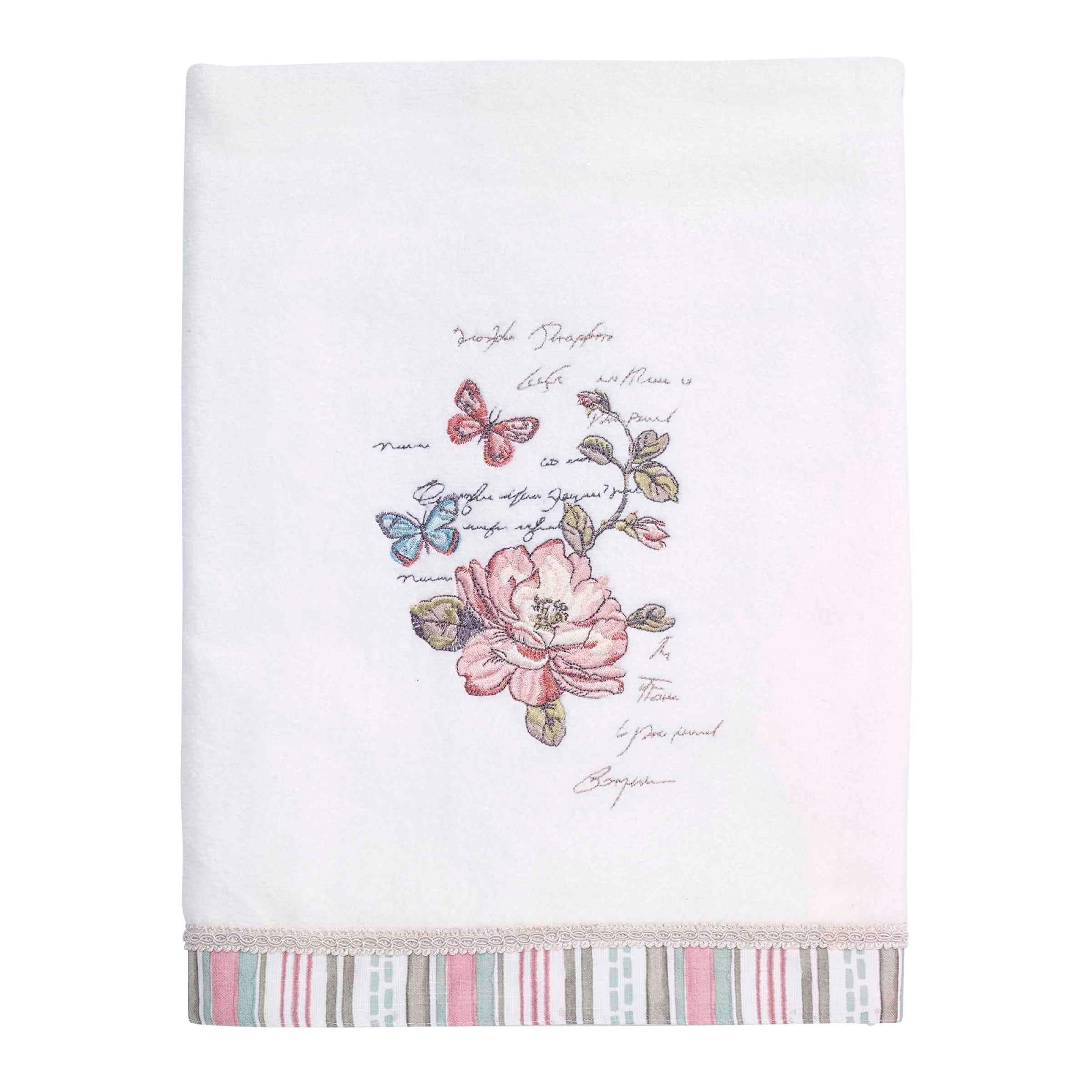 Butterfly Garden Embroidered Cotton Bath Towel with Striped Border