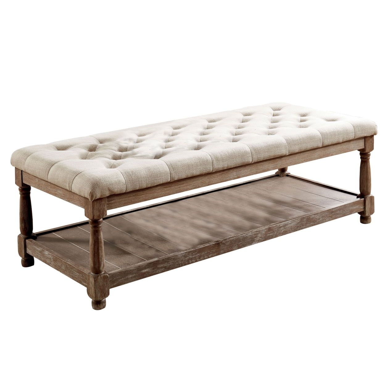 Contemporary Button Tufted Beige Fabric Bench with Wooden Shelf