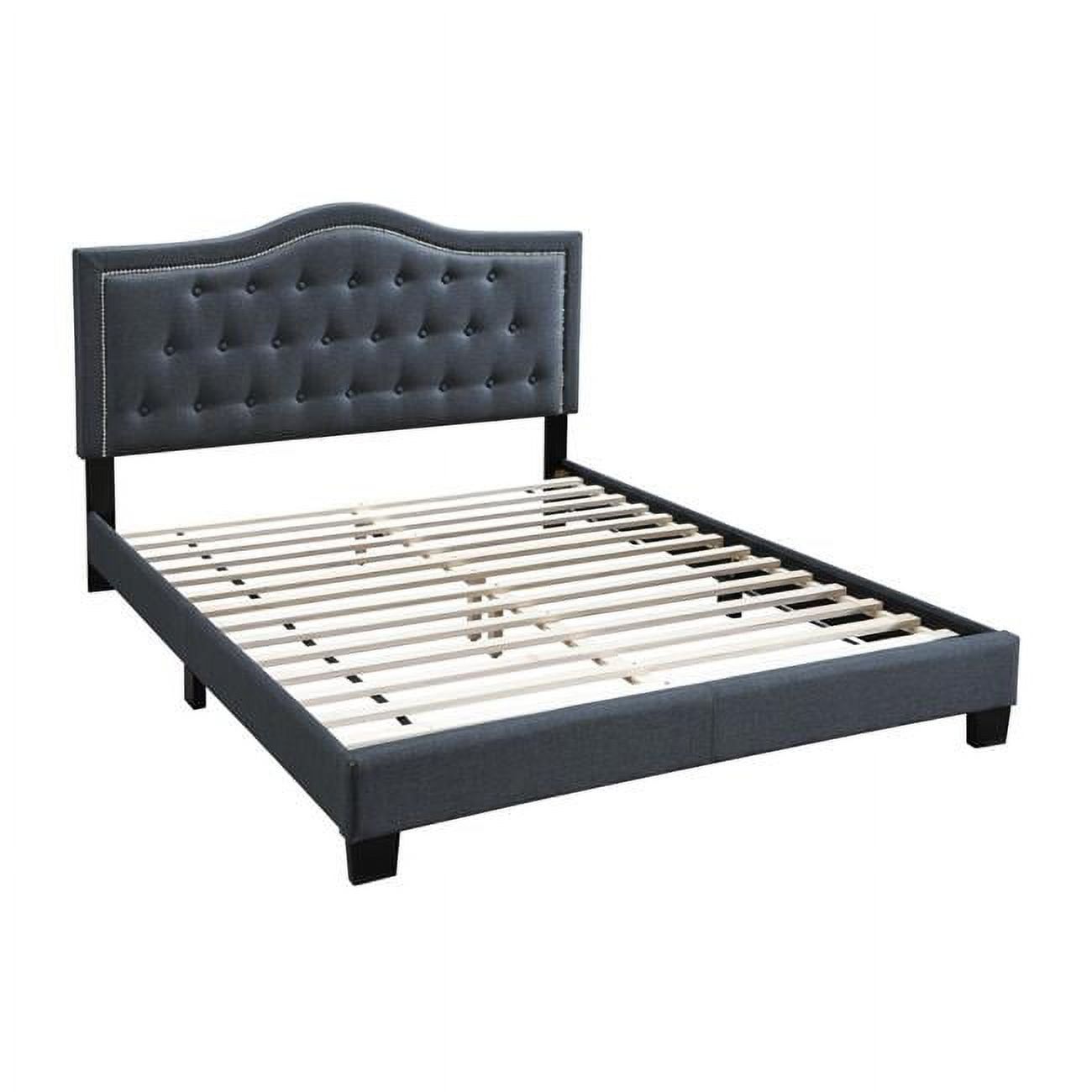 Charcoal Grey Burlap Button Tufted Queen Bed with Nailhead Trim