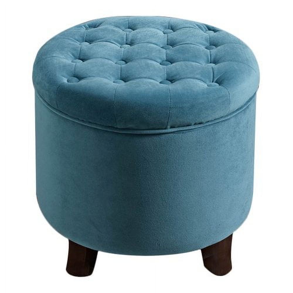 Teal Velvet Tufted Round Ottoman with Rustic Wood Legs