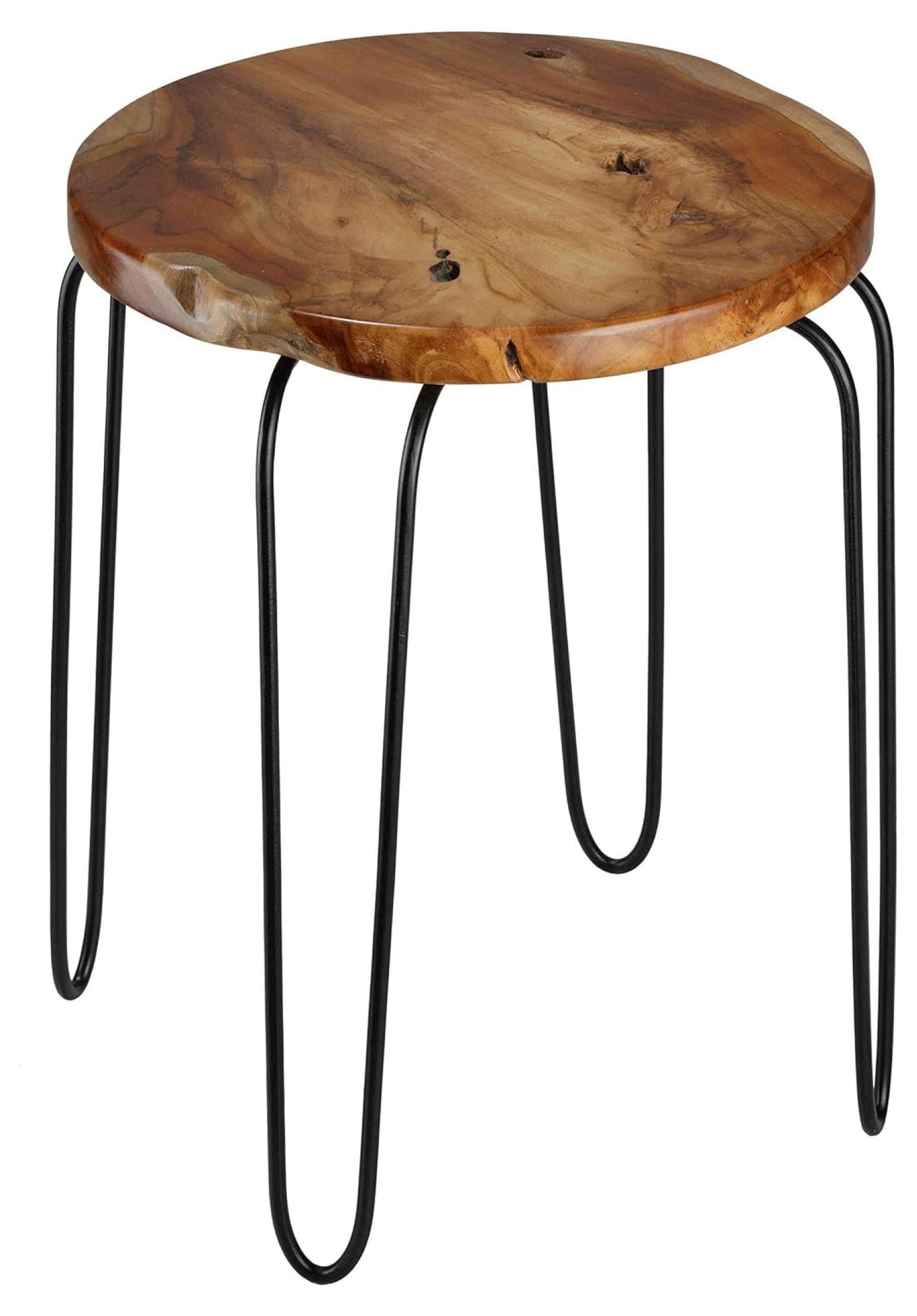 Round Teak and Black Metal Industrial End Table