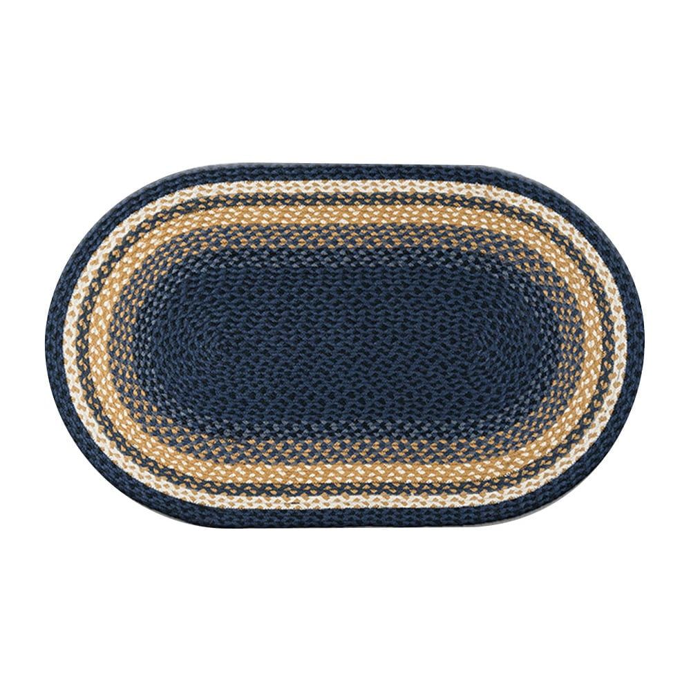 Oval Braided Jute Rug in Light Blue, Dark Blue, and Mustard 27" x 45"