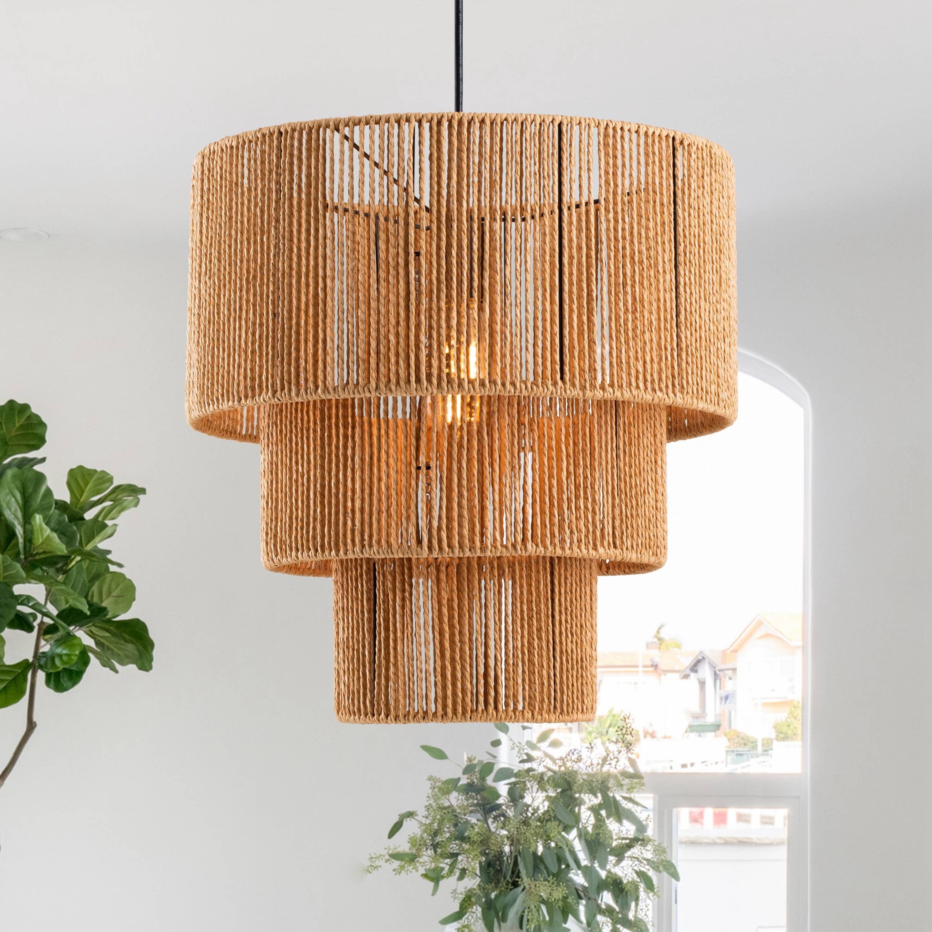 Three-Tiered Natural Jute Rope Drum Chandelier