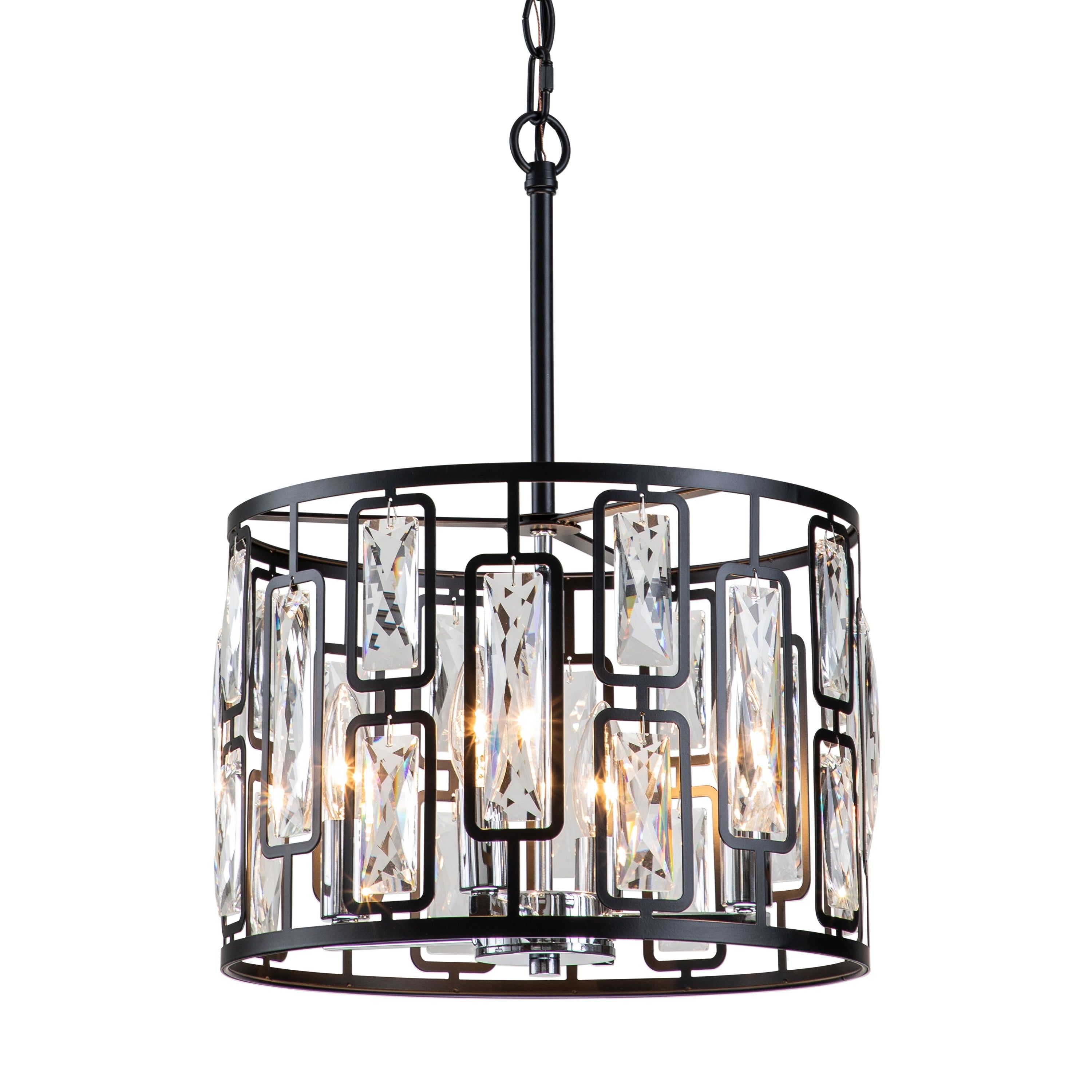 Matte Black Drum Pendant Light with Clear Crystals