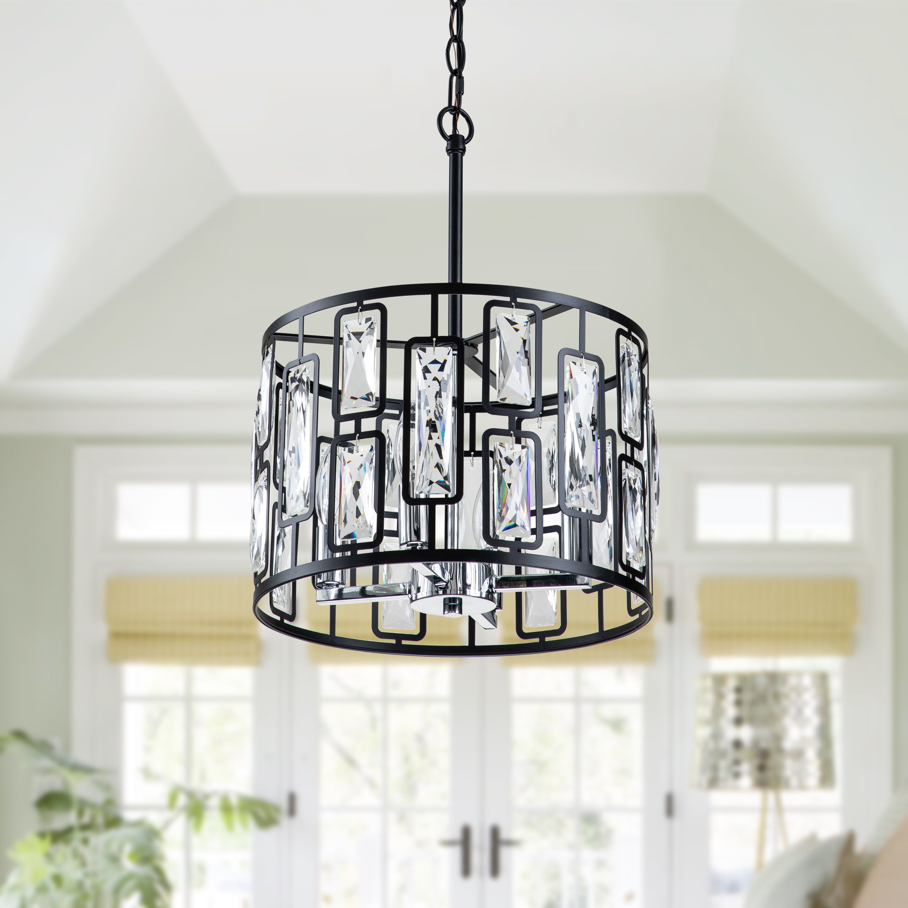 Matte Black Drum Pendant Light with Clear Crystals