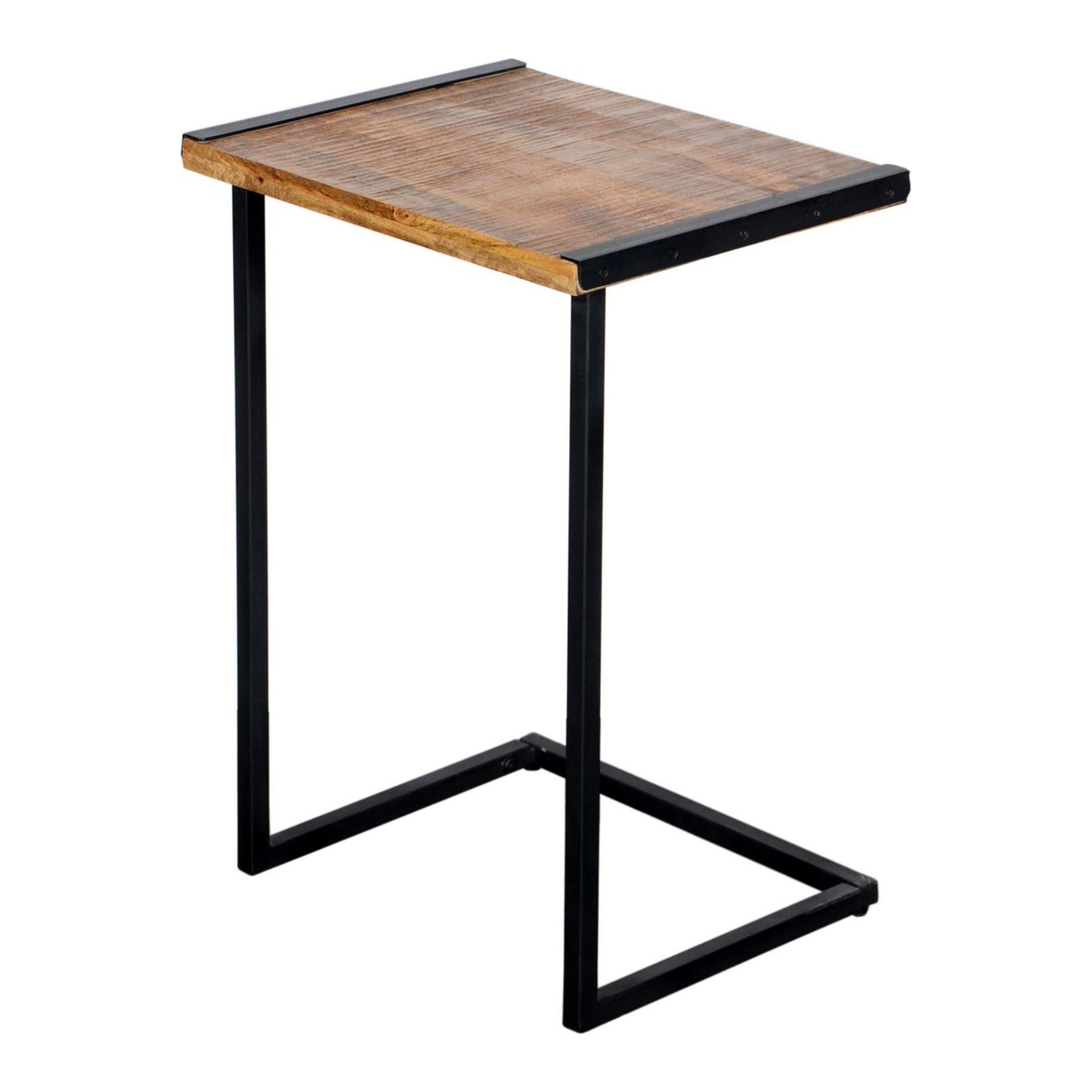 C-Shaped Mango Wood and Metal End Table, Brown and Black