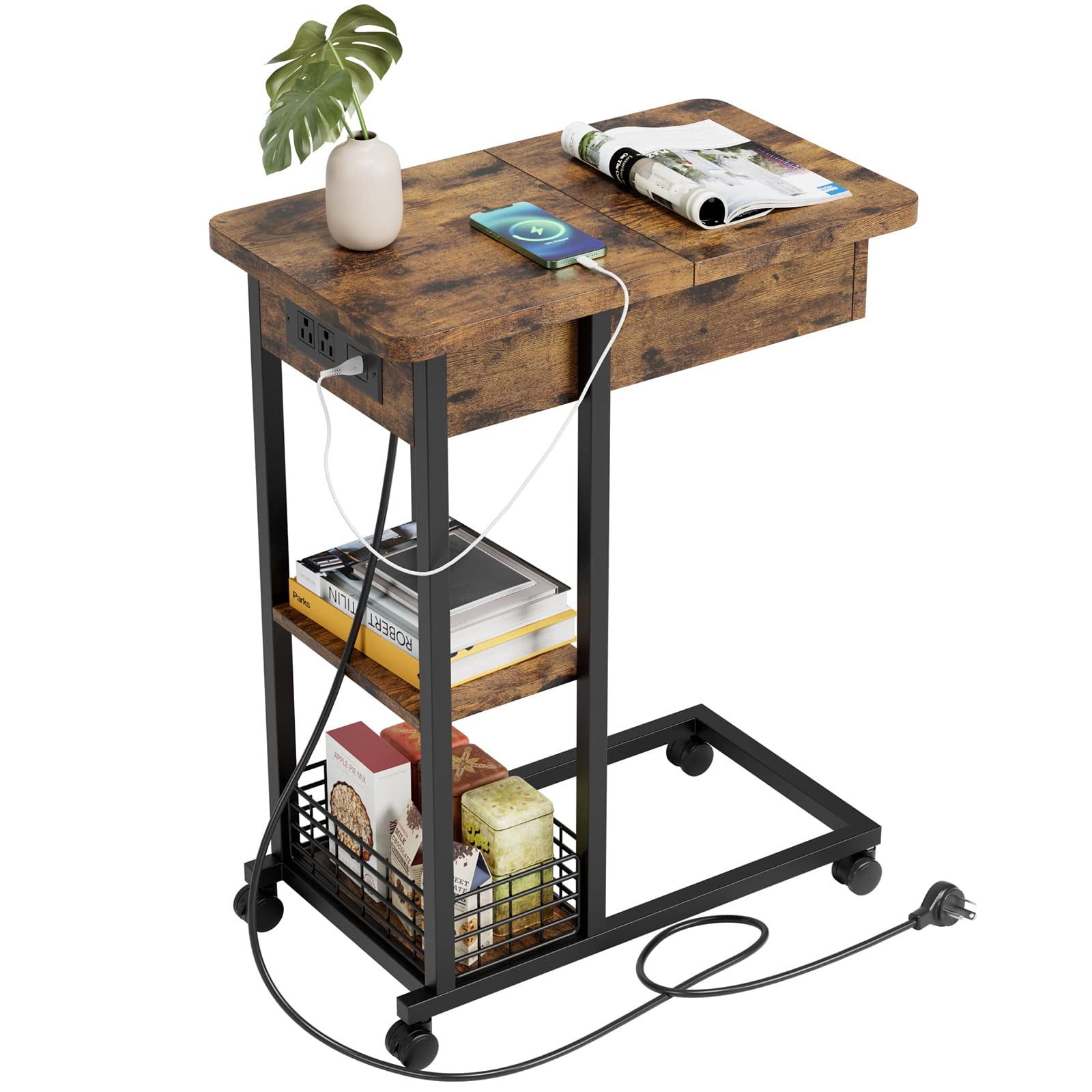 Rustic Brown C-Shaped End Table with Charging Station