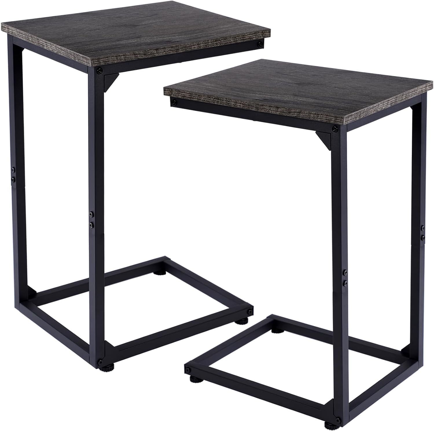 Set of 2 Rustic Brown C-Shaped Metal and Wood End Tables