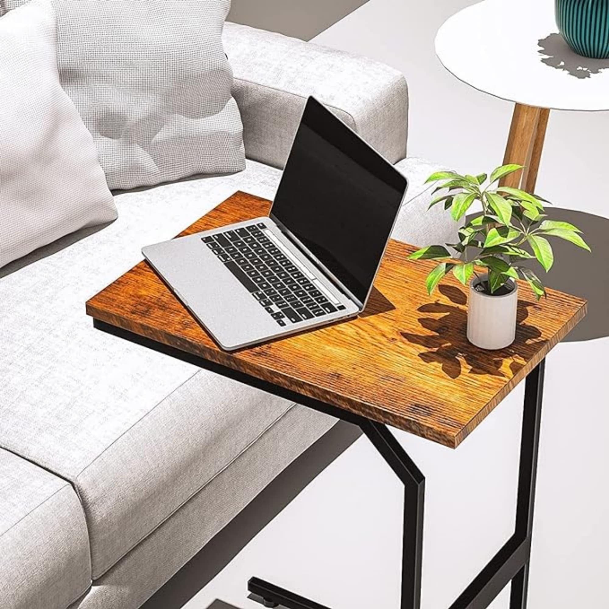 Rustic Wood and Black Metal C-Shaped End Table