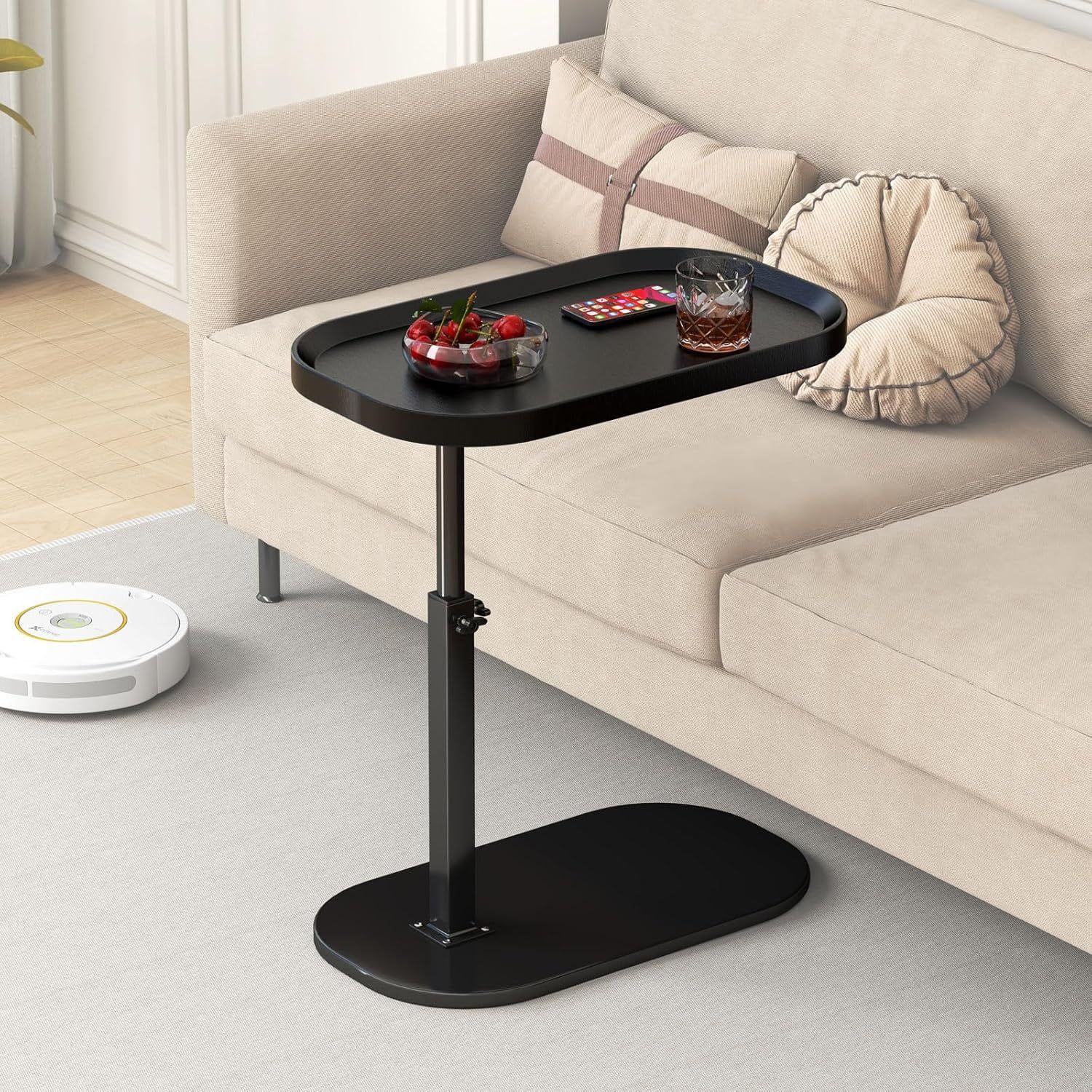 Black Adjustable Height C-Shaped Side Table with Swivel Top