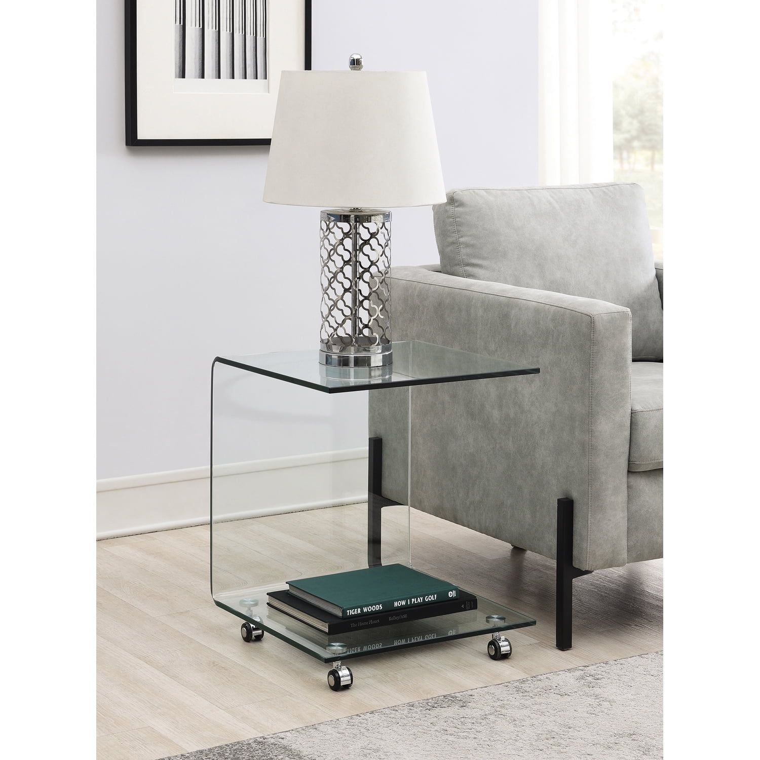 Sleek Clear Tempered Glass C-Shaped Accent Table with Casters