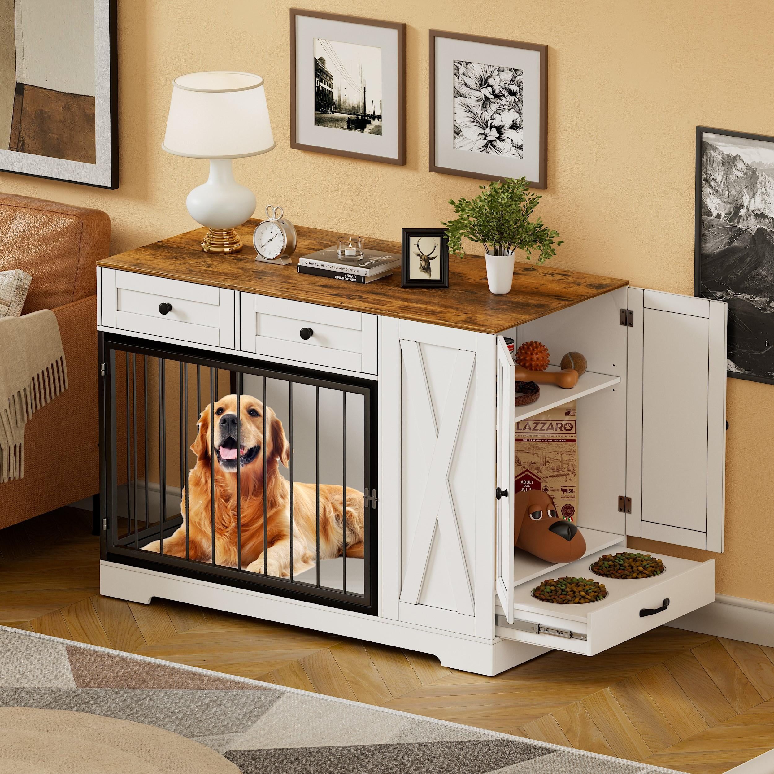 White and Brown Wooden Dog Crate with Storage and Feeder