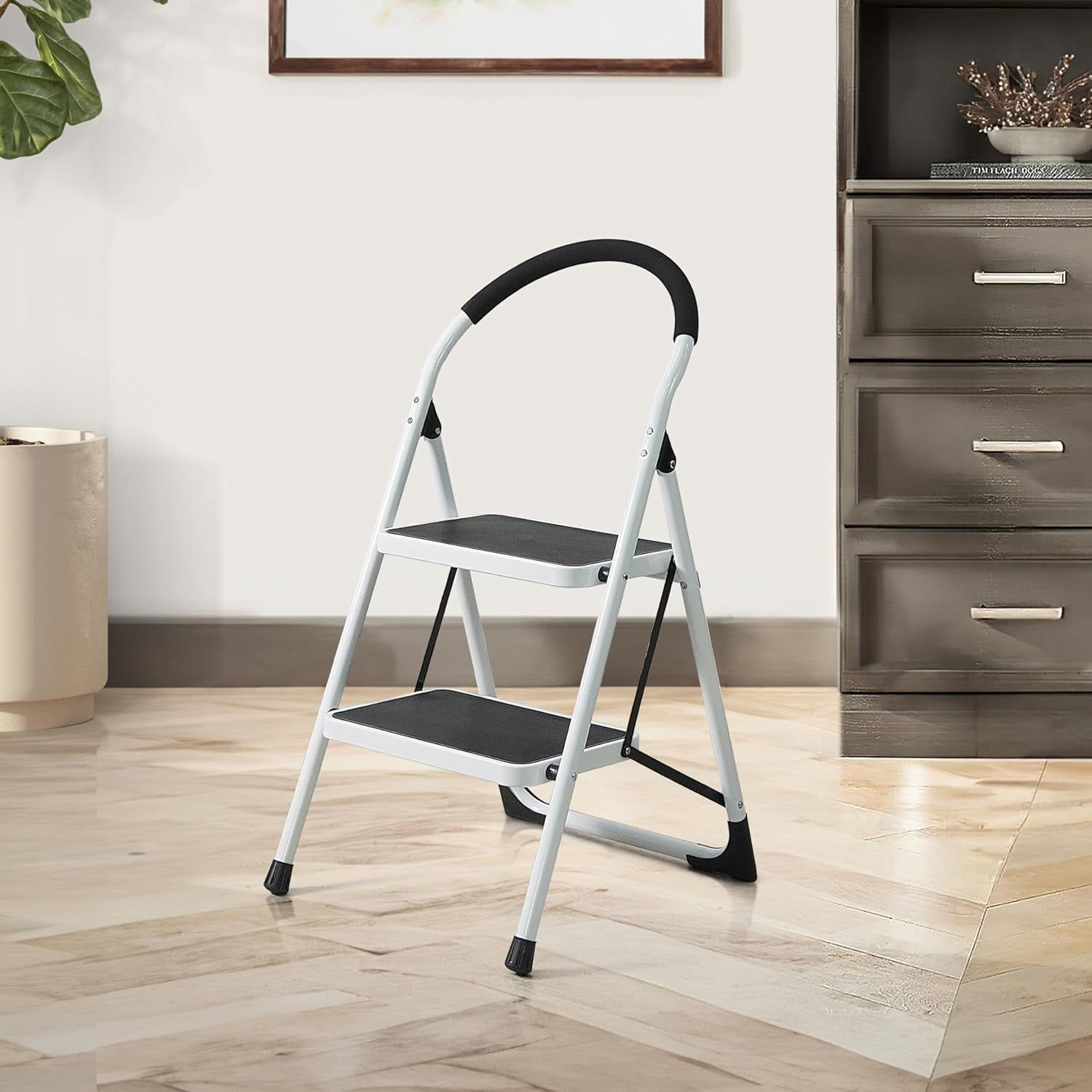 White 2-Step Folding Ladder with Anti-Slip Pedals