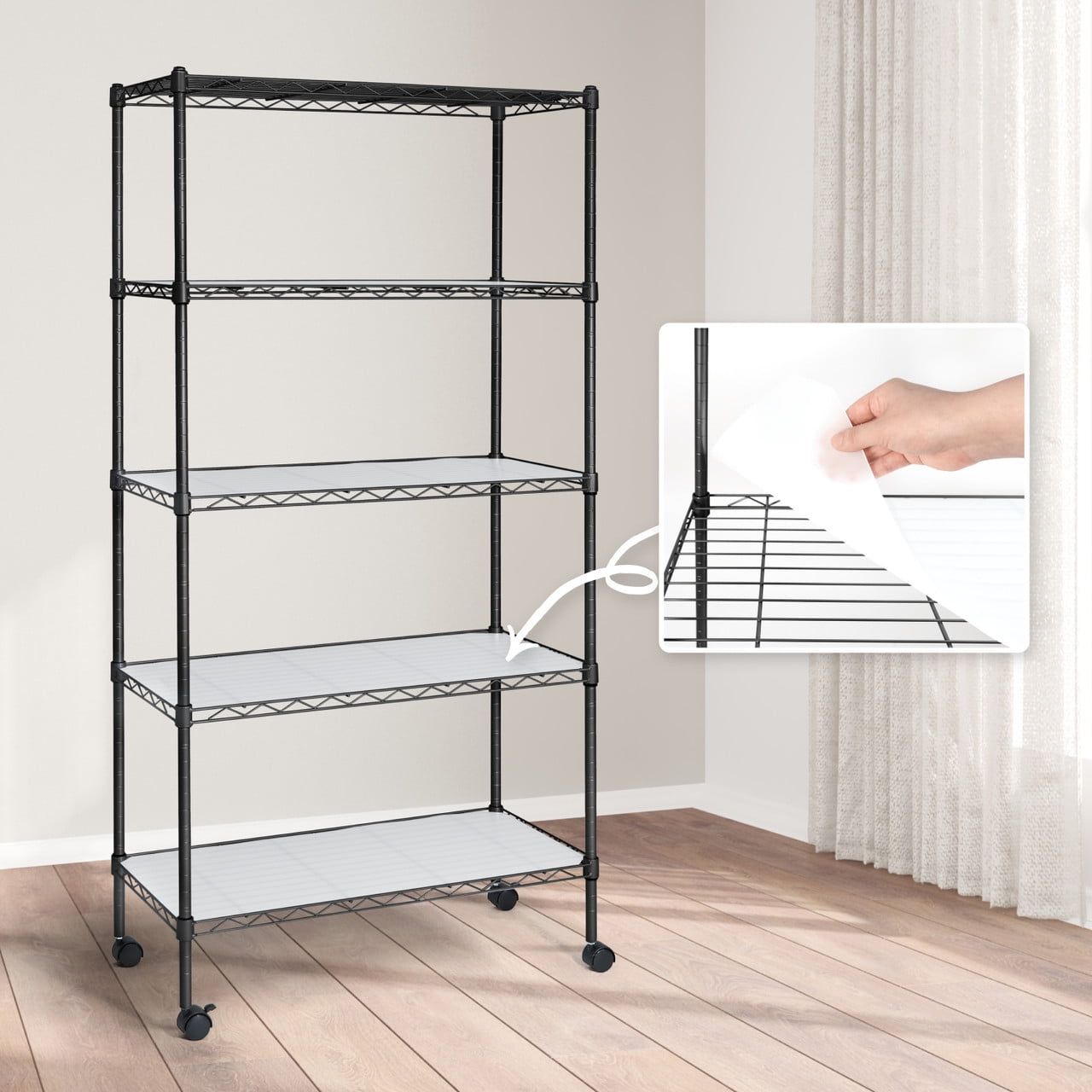 Black 5-Tier Adjustable Steel Wire Shelving Unit with Wheels